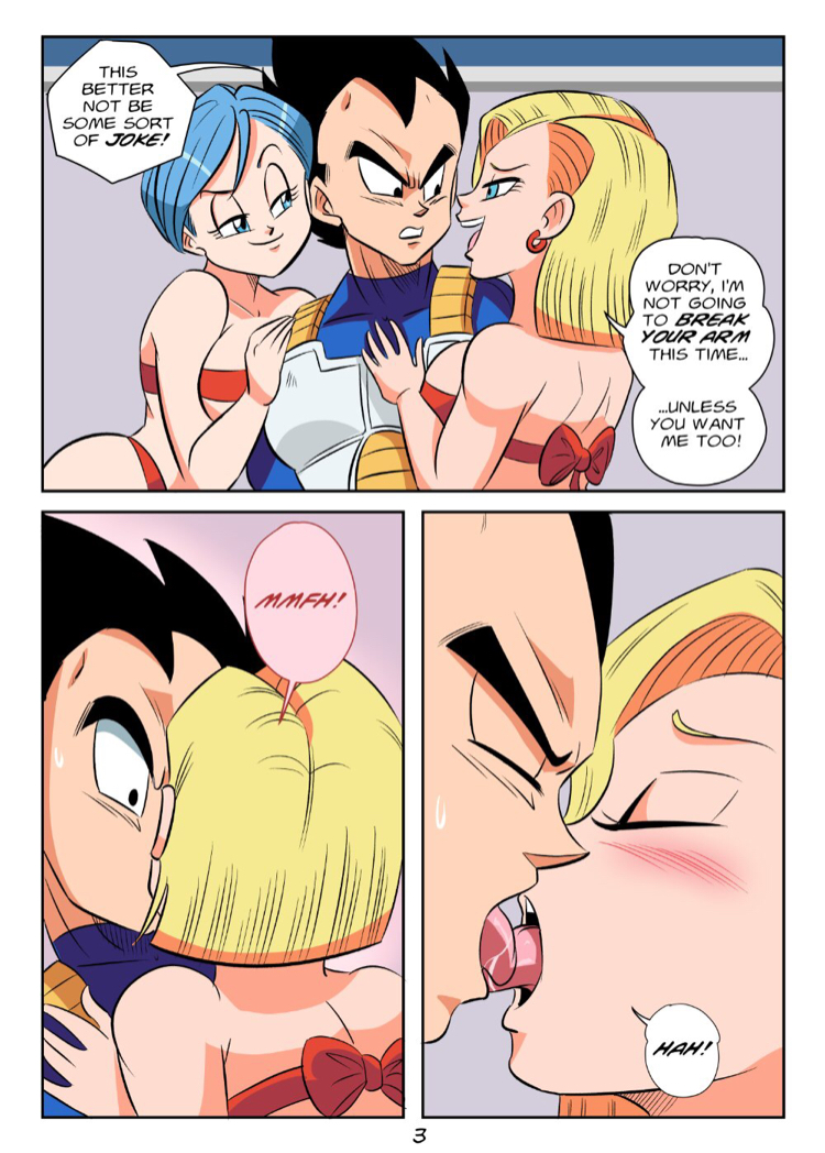 1boy, 2girls, android 18, ass, blonde hair, blue eyes, blue hair, breasts, bulma briefs, comic, dialogue, dragon ball, dragon ball super, dragon ball z, english text, female, female focus, funsexydragonball, huge breasts, interspecies, male, page 3, sex, shounen jump, text, threesome, vegeta