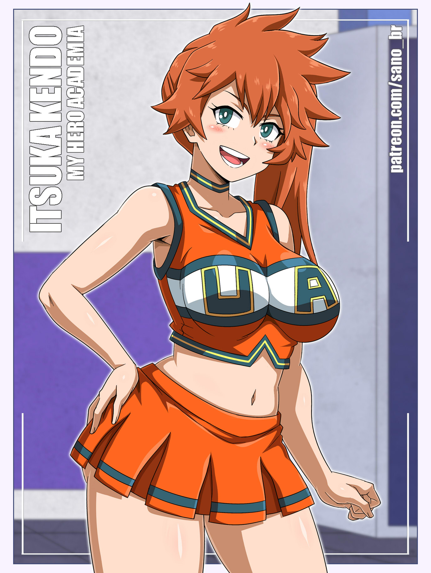 1girls, 2021, bangs, bare shoulders, belly, big breasts, blush, breasts, character name, cheerleader, cheerleader uniform, choker, copyright name, crop top, curvaceous, curvy, curvy figure, cute, feet out of frame, female, female only, fully clothed, green eyes, hair between eyes, hand on hip, hi res, high resolution, highres, hourglass figure, indoors, itsuka kendou, kendou itsuka, large breasts, light skin, light-skinned female, long hair, looking at viewer, miniskirt, my hero academia, navel, open mouth, open-mouth smile, orange hair, orange skirt, orange-haired female, patreon username, pleated skirt, ponytail, pose, posing, reflective body, sano-br, shiny, shiny hair, shiny skin, shounen jump, skirt, sleeveless, smile, solo, solo female, teal eyes, thin waist, tied hair, u.a. cheerleader outfit, v-shaped eyebrows, voluptuous, wide hips