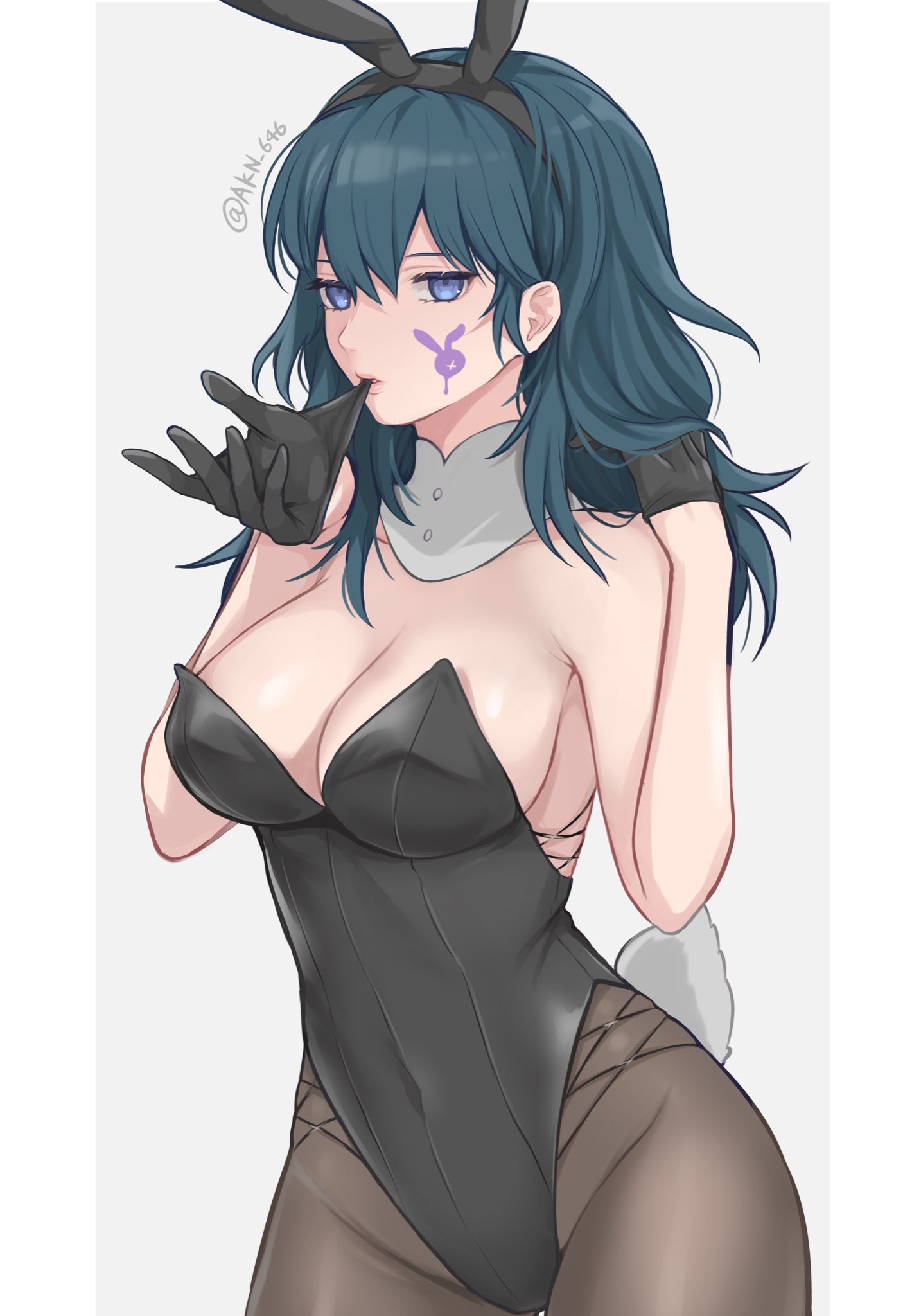 1girls, akn 646, alternate costume, blue eyes, blue hair, breasts, bunny ears, bunny girl, bunny tail, bunnysuit, byleth (fire emblem), byleth (fire emblem) (female), female, female only, fire emblem, fire emblem: three houses, gloves, human, lingerie, lipstick, looking at viewer, medium hair, nintendo, shimizu akina, solo, white skin