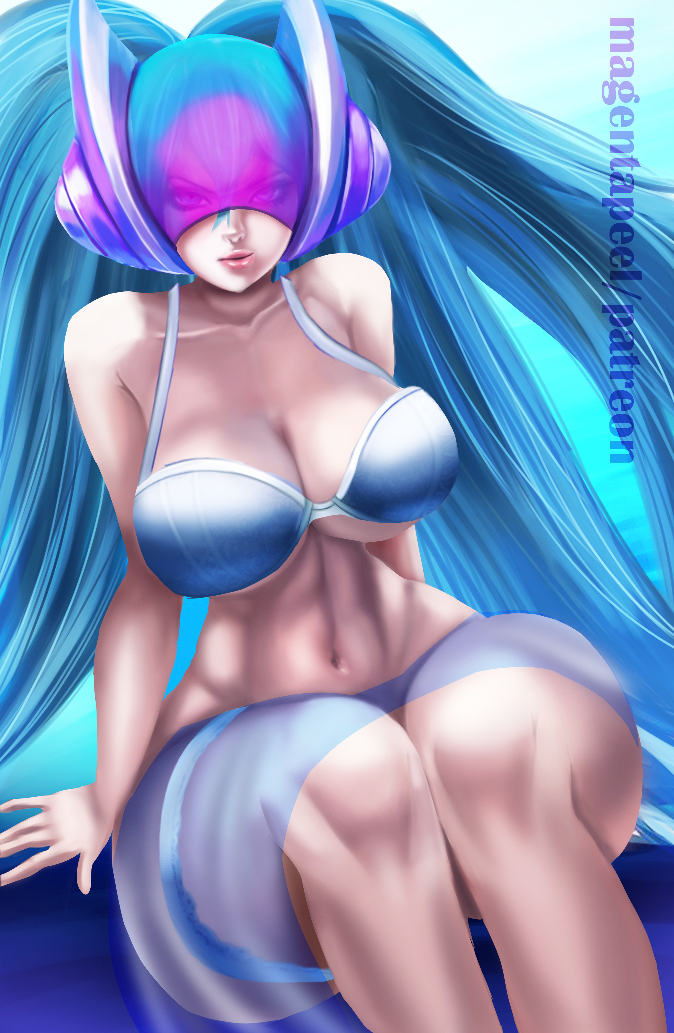 1girls, aqua hair, big breasts, bikini, blue eyes, blue hair, breasts, dj sona, dj sona ethereal, female, helmet, huge breasts, league of legends, long hair, long twintails, magentapeel, riot games, sona buvelle, twintails, visor