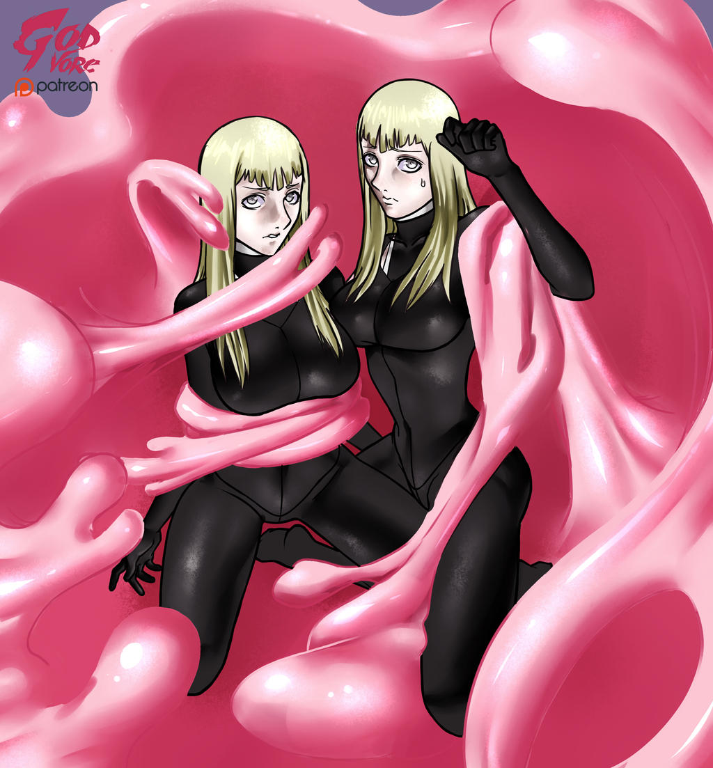 2girls absorption alicia_(claymore) armor beth_(claymore) blonde_hair bodysuit claymore clothing female godvore goo majin_buu pink_goo