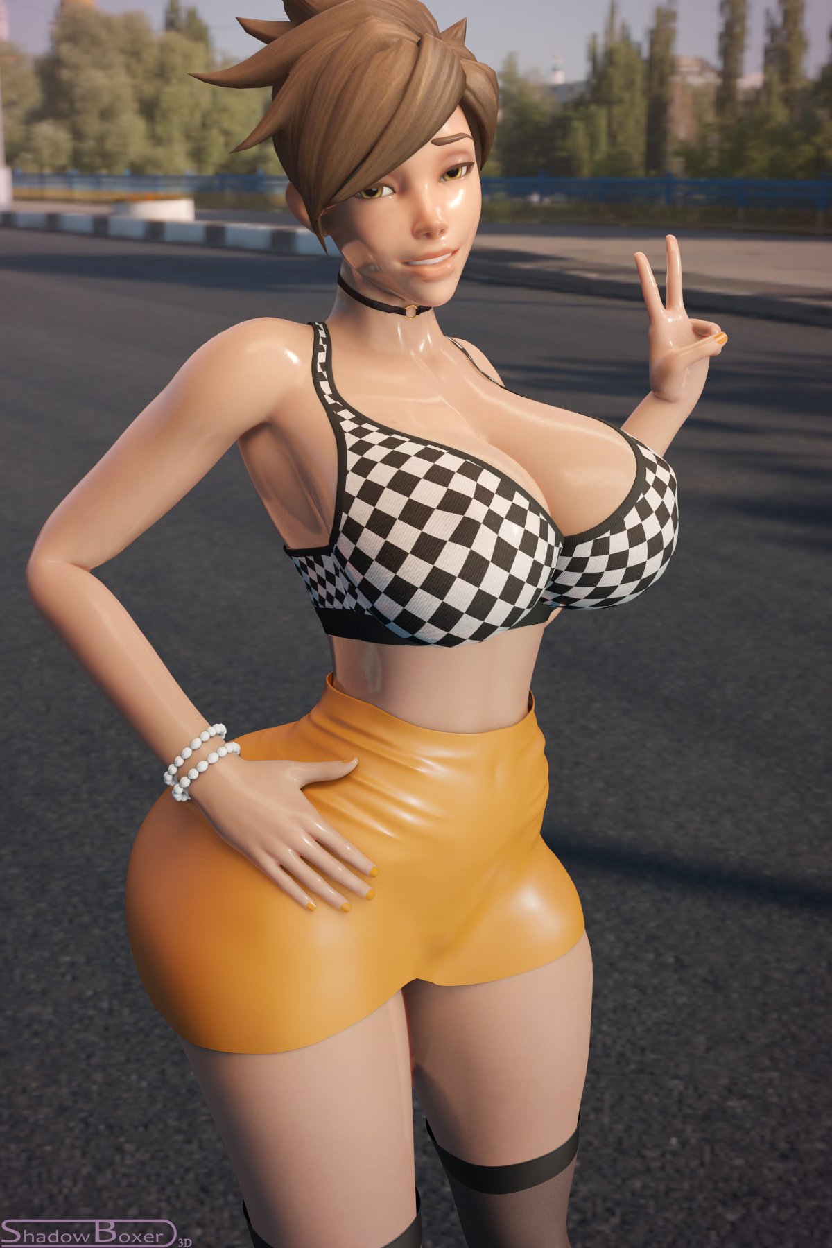 1girls, 3d, ass, big ass, blender, breasts, female, female only, huge breasts, overwatch, shadowboxer, solo, thick thighs, tracer, wide hips