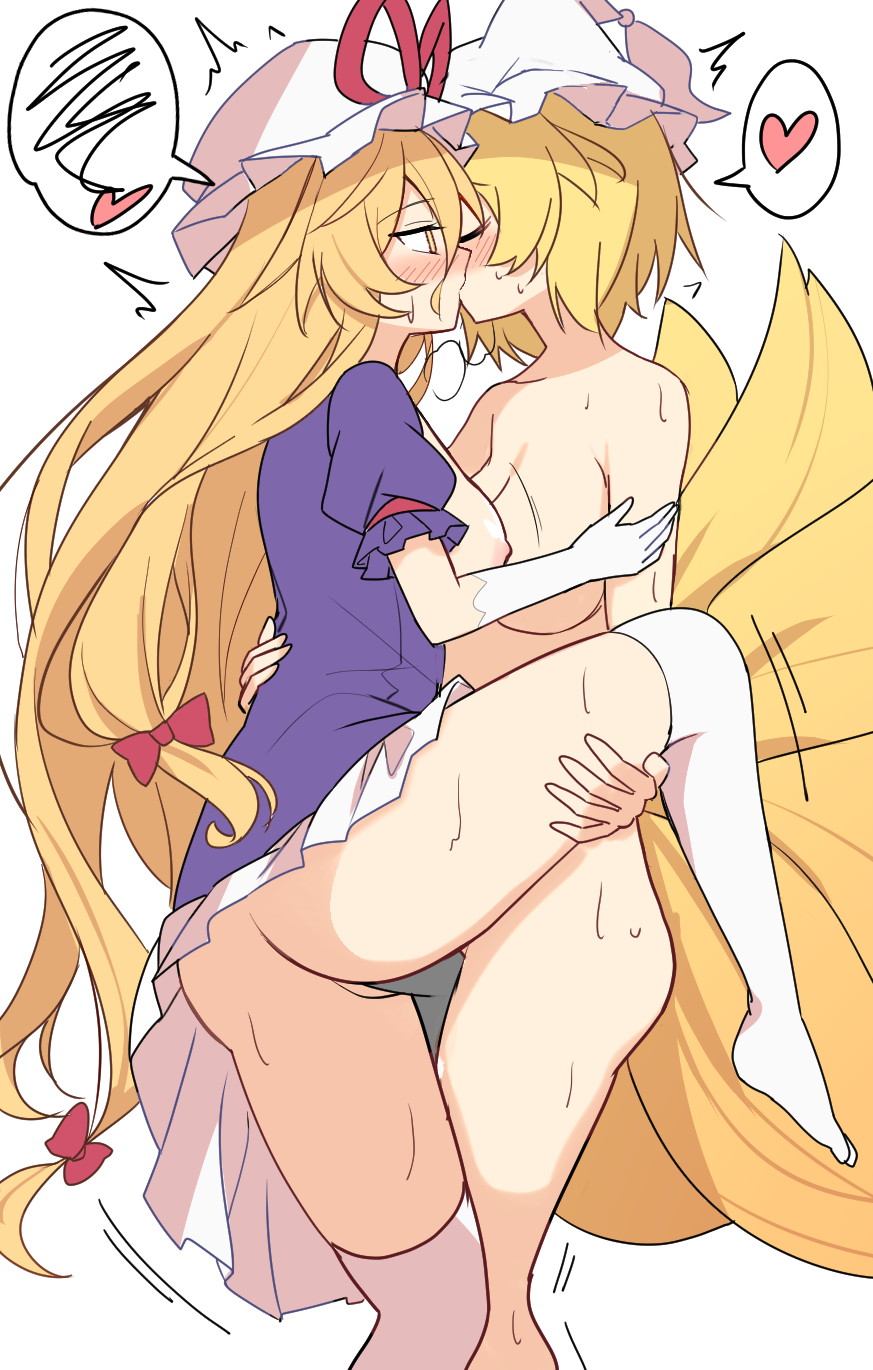 2girls animal_ears blonde_hair blush breasts closed_eyes dress e.o. fox_ears fox_tail gloves hair_between_eyes hat hat_ribbon heart highres large_breasts long_hair mob_cap multiple_girls multiple_tails pillow_hat puffy_short_sleeves puffy_sleeves purple_dress ran_yakumo red_ribbon ribbon short_hair short_sleeves simple_background spoken_heart tail touhou white_background white_gloves white_headwear white_thighhighs yellow_eyes yukari_yakumo