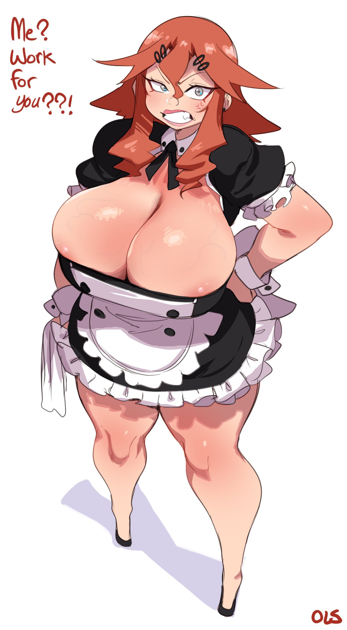 1girls, anger vein, angry, angry expression, angry face, areola slip, big breasts, breasts, bursting breasts, busty, claudette (lightsource), cleavage, curvaceous, curvy, dialogue, english text, female, female only, hand on hip, hi res, huge breasts, lightsource, long hair, looking at viewer, maid, maid uniform, massive breasts, orange hair, original, overflowing breasts, partially clothed, red hair, redhead, solo, solo female, speaking to viewer, teeth clenched, veiny breasts, voluptuous, white background