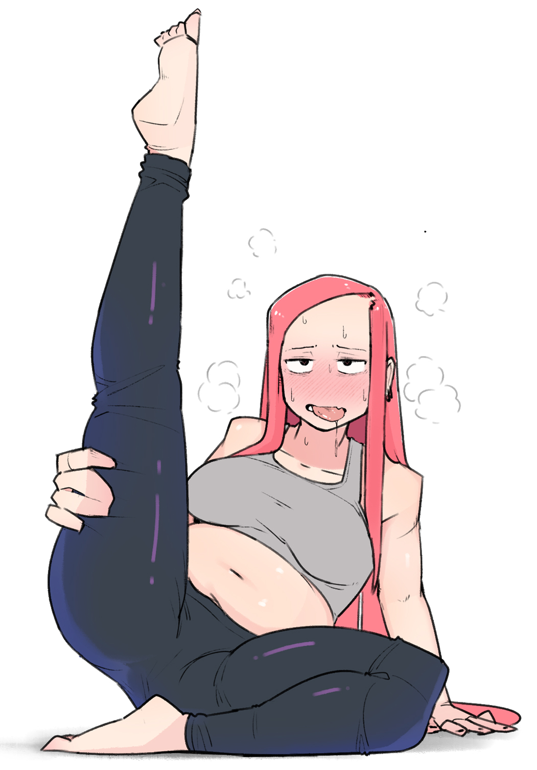 1girls, 5 fingers, 5 toes, ahe gao, arm support, bare shoulders, barefoot, blush, bodily fluids, breasts, cameltoe, chubby, clothed, drool, drool string, drooling, ear piercing, earrings, exhausted, female, female only, half-closed eyes, light skin, light-skinned female, long hair, medium breasts, midriff, midriff baring shirt, navel, ohasi, one leg up, original character, pierced ears, piercing, pink (ohasi), pink hair, pussy, simple background, sleeveless, sleeveless shirt, sole female, solo, steamy, sweat, sweaty, tight clothing, tight pants, tongue, tongue out, white background, white sclera, yoga pants