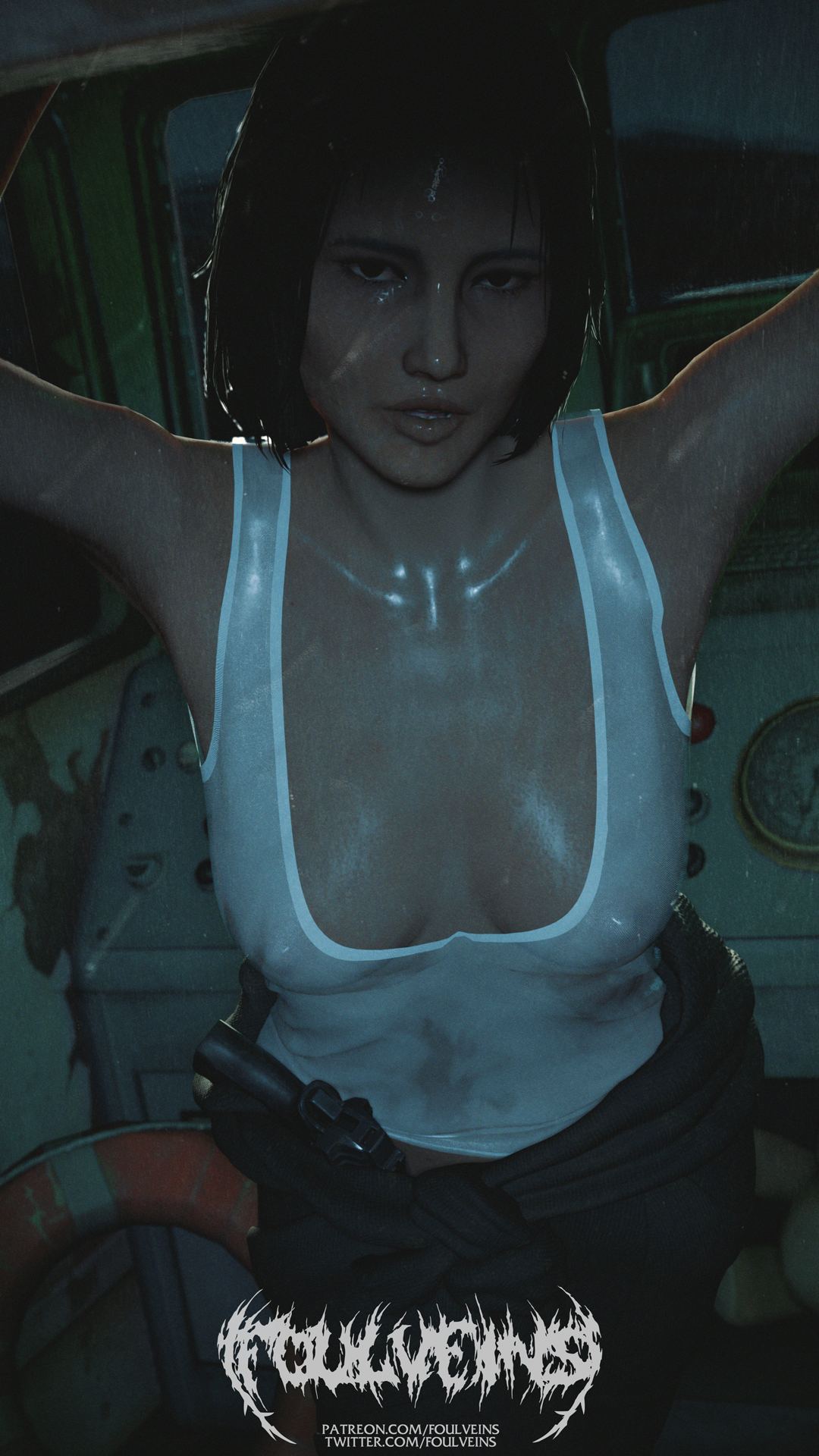 2021, 3d, artist signature, asian, asian female, black hair, boat, breasts, fallout, fallout 4, fanart, female, female only, foulveins, game cg, kasumi nakano, looking at viewer, medium breasts, night, nipple bulge, nipples visible through clothing, no source, rain, raining, seductive look, short hair, solo, solo female, standing, wet body, wet clothes, wet shirt, wet skin