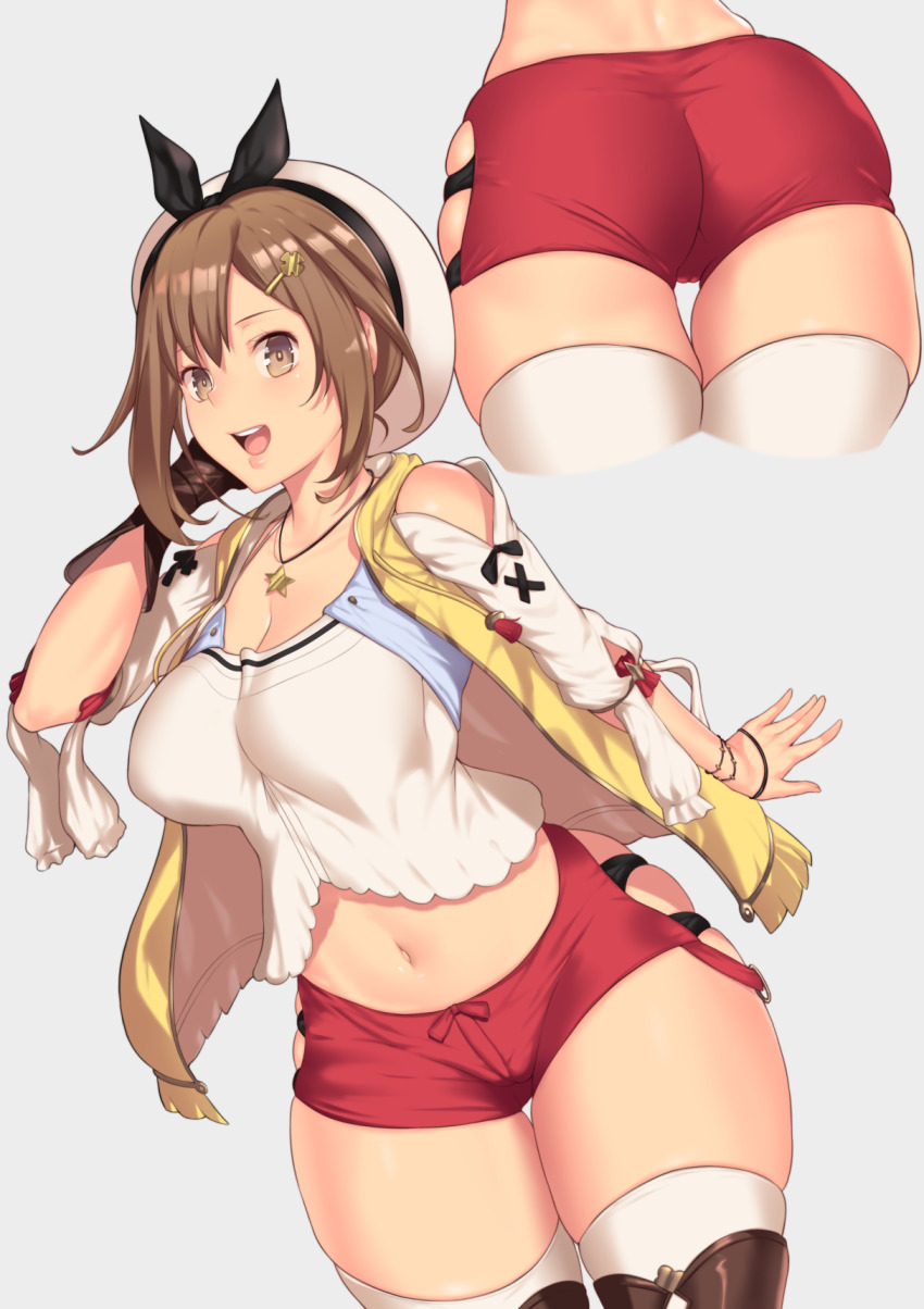 ass, aster crowley, atelier (series), atelier ryza, bare shoulders, breasts, brown eyes, brown hair, cleavage, curvy, female, from behind, hair ornament, hair ribbon, hairclip, hat, higher resolution available, highres, jewelry, large breasts, looking at viewer, necklace, no artist signature, no nostrils, open mouth, red shorts, reisalin stout, ribbon, shiny, shiny hair, shiny skin, short hair, short shorts, shorts, small nose, smile, solo, thick thighs, thighhighs, thighs, very small nose, white legwear