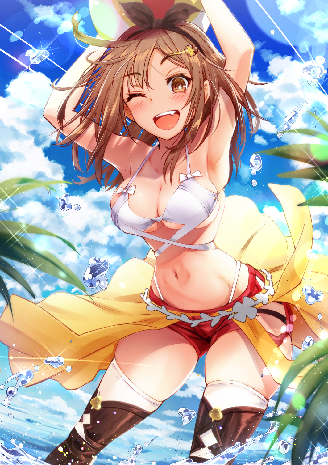 ;d, armpits, atelier (series), atelier ryza, ball (object), beach, beachball, bikini, bikini top, black hairband, blush, boots, breasts, brown eyes, brown footwear, brown hair, cleavage, cluseller, cowboy shot, female, hair ornament, hairband, hairclip, highres, holding, holding ball, large breasts, long hair, looking at viewer, ocean, oerba yun fang, one eye closed, open mouth, outdoors, outside, red shorts, reisalin stout, short shorts, shorts, smile, swimsuit, thigh boots, thighhighs, thighs, wading, white bikini, white legwear