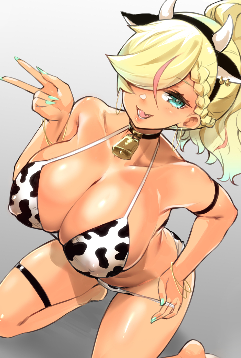 1girls bangs bell bell_collar big_breasts bikini bikini_bottom bikini_top bimbo blonde_hair breasts cleavage collar collarbone cow_bikini cow_ears cow_horns cow_print cowbell earrings female female_only gradient_background gyaru hair_over_one_eye kogal large_breasts long_nails looking_at_viewer medium_hair mokko_(kamiko!) nail_polish navel nipple_bulge nipples_visible_through_bikini open_mouth original peace_sign simple_background smile solo solo_female swimsuit tan tan_skin turquoise_eyes turquoise_nail_polish turquoise_nails v v_sign