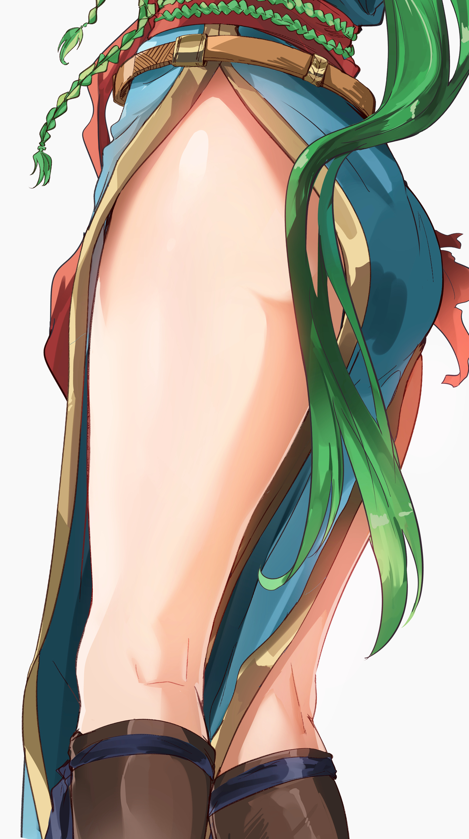 1girls, absurdres, ass, ass focus, bare legs, belt, big ass, blue dress, boots, brown footwear, dress, female, fire emblem, fire emblem: the blazing blade, green hair, highres, knee boots, large ass, long hair, lower body, lyn (fire emblem), lyndis (fire emblem), nintendo, ormille, out of frame, pelvic curtain, ponytail, sash, side slit, solo, solo female, thighs, very long hair