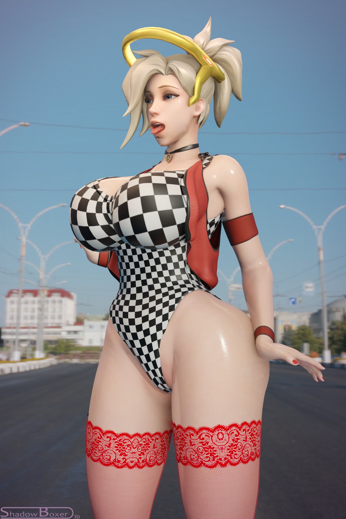 1girls, 3d, big breasts, blender, breasts, female, female only, large breasts, mercy, overwatch, shadowboxer, solo, thick thighs, thighhighs, wide hips