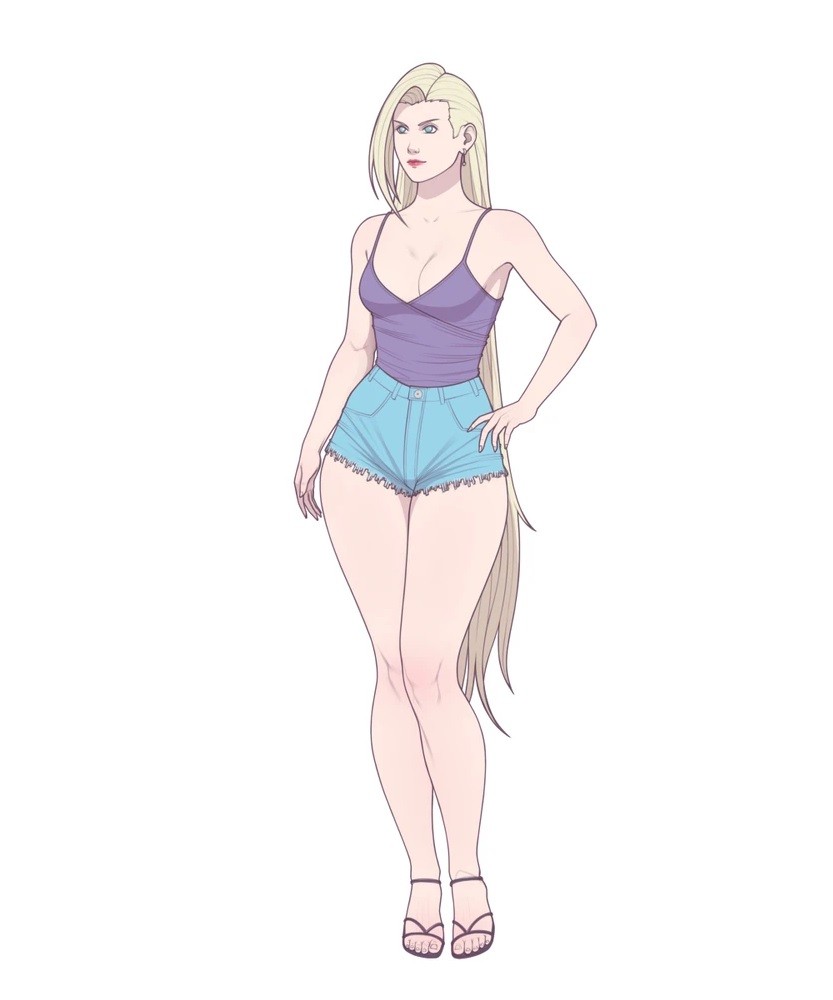 1girls, 5 fingers, 5 toes, armpit, armpit peek, blonde, blonde hair, booty shorts, ear piercing, ear ring, earring, earrings, female, female only, grey eyes, high heels, hot pants, hotpants, human, human only, ino yamanaka, light skin, light-skinned female, lipstick, naruto, naruto (series), naruto shippuden, naruto: the last, pale skin, pale-skinned female, piercing, reserexerion, simple background, solo, tagme, thick thighs, white background