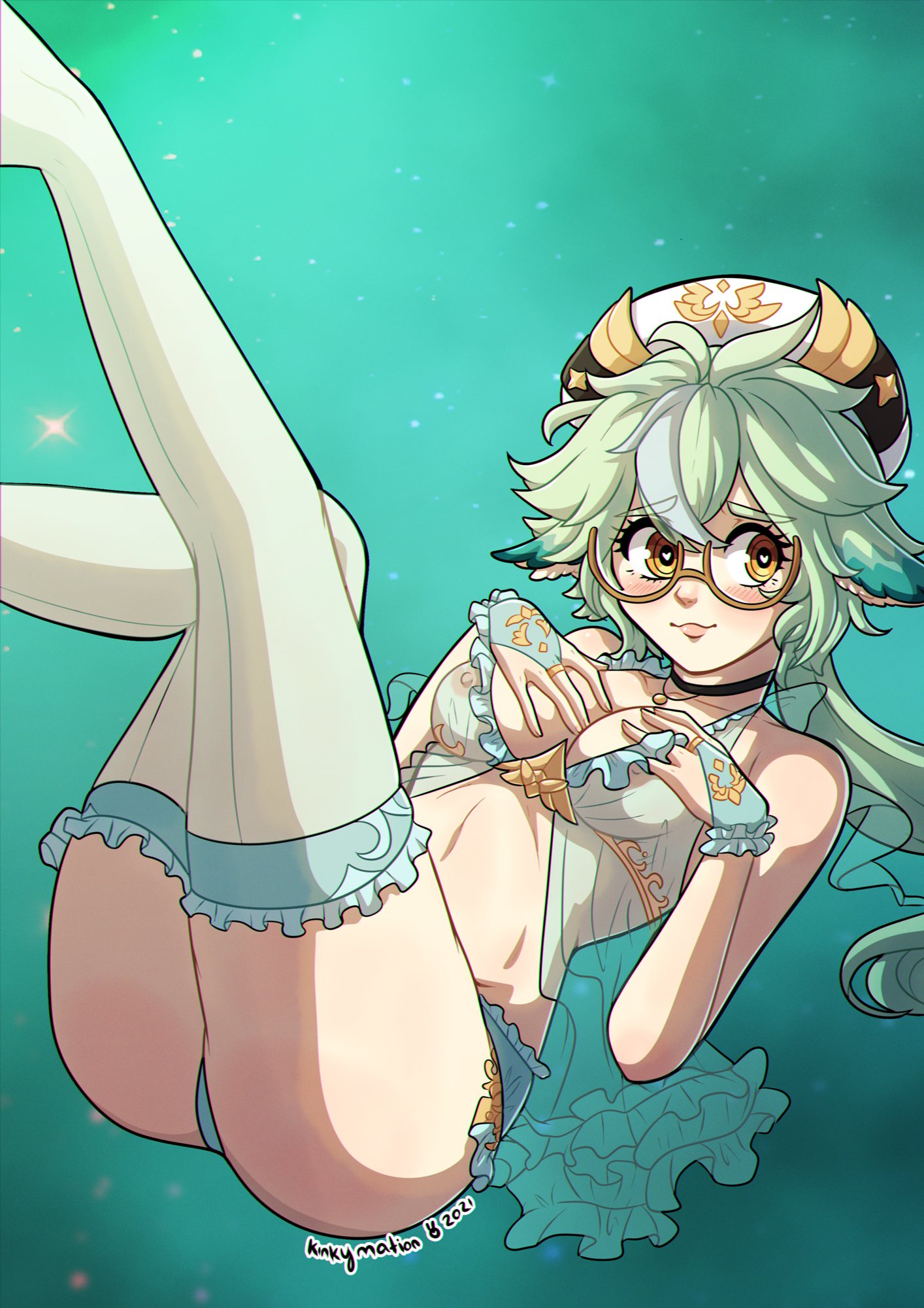 :3, 1girls, amber eyes, blush, breasts, female, female only, genshin impact, glasses, green hair, hands on breasts, heart-shaped pupils, hi res, kinkymation, legs up, lingerie, looking at viewer, negligee, solo, solo female, sucrose (genshin impact), thighhighs