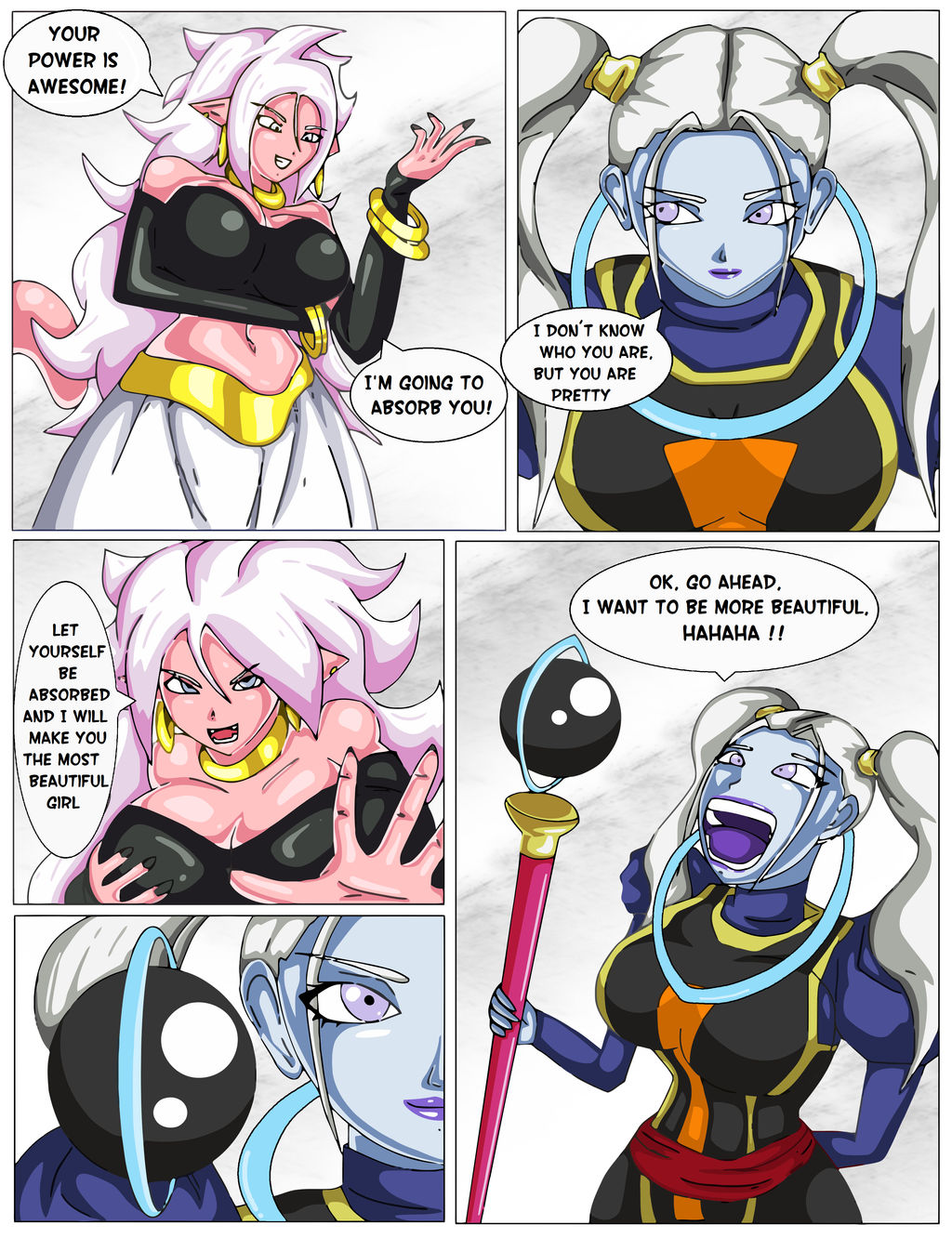 2010s 2girls absorption android_21 android_21_(good) angel_(dragon_ball) bio-android_(dragon_ball) black_sclera blue_eyes breasts dark_persona dragon_ball dragon_ball_fighterz dragon_ball_super english_text female female_only humanoid klareszj long_hair majin majin_android_21 marcarita monster_girl multiple_girls pink_goo pink_skin pointy_ears red_eyes tail text transformation white_hair