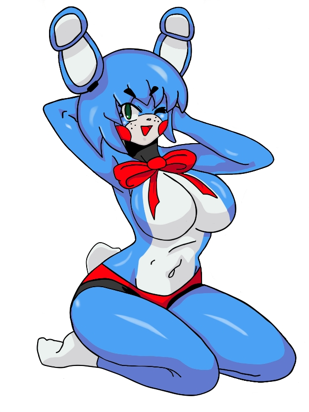 arms behind head, breasts, female, five nights at freddy's, five nights in anime, giant breasts, kneeling, red panties, rule 63, solo, tagme, toy bonnie (fnaf), toy bonnie (fnia), white background