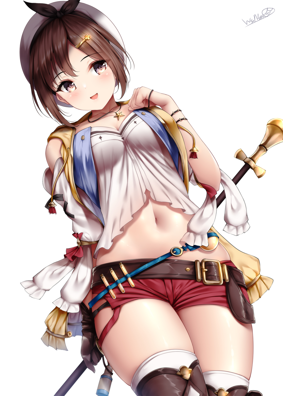 :d, atelier (series), atelier ryza, bangs, belt, blush, breasts, brown eyes, brown hair, buckle, collarbone, commentary, cowboy shot, female, gloves, hair ornament, hairclip, hat, highres, holding, holding staff, jewelry, looking at viewer, midriff, navel, necklace, open mouth, red shorts, reisalin stout, short hair, short shorts, shorts, sidelocks, signature, simple background, skindentation, smile, solo, staff, star (symbol), star necklace, thighhighs, thighs, white background, white headwear, wsman