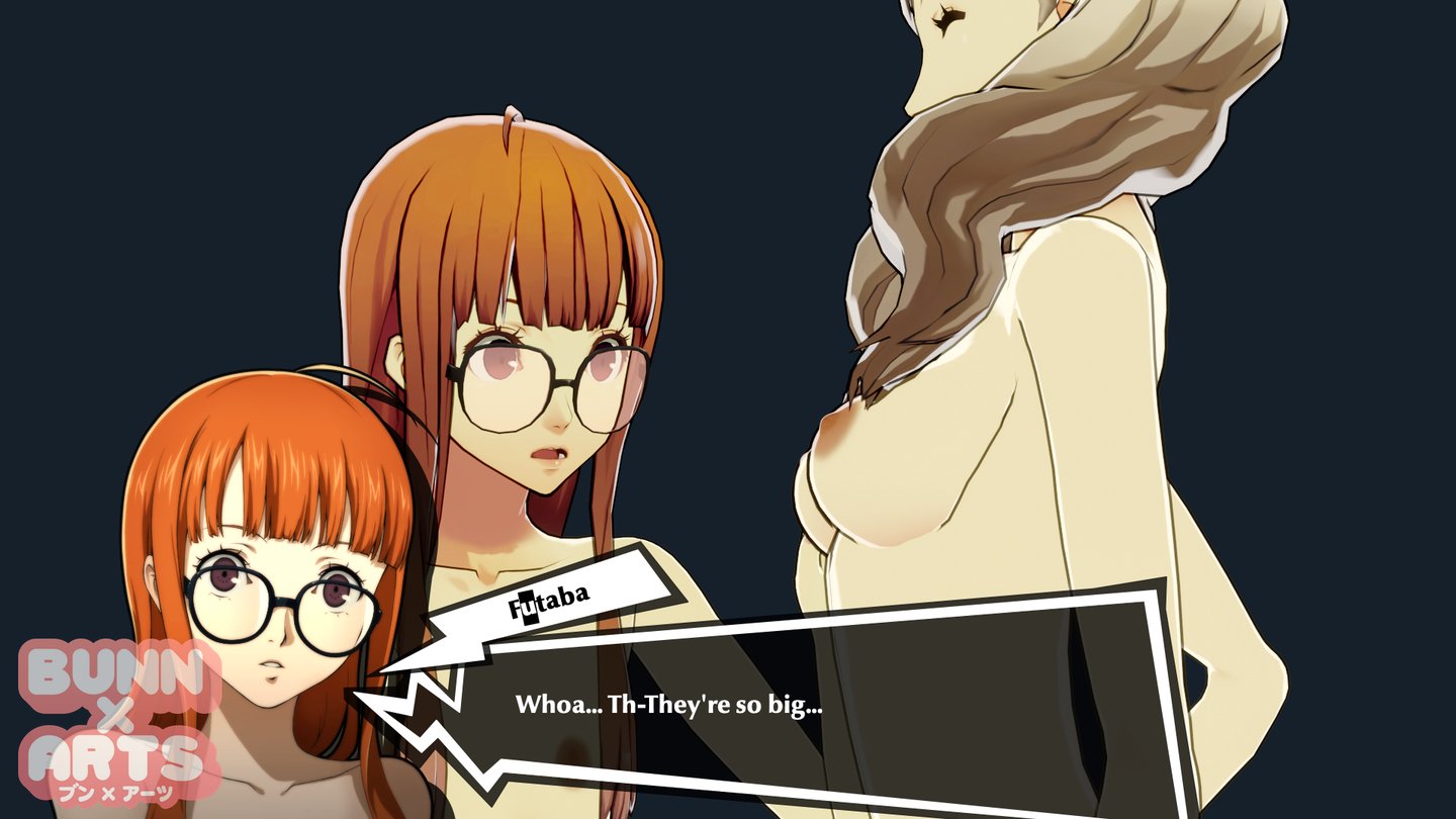 2girls, 3d, accurate art style, ann takamaki, big breasts, blonde hair, breasts, bunnxarts, closed eyes, eyes wide open, female, glasses, human, lesbian, long hair, naked, official style, open mouth, orange hair, persona, persona 5, petite, portrait, sakura futaba, skinny, slim, small breasts, smile, smiling, text, text box, twintails, yuri