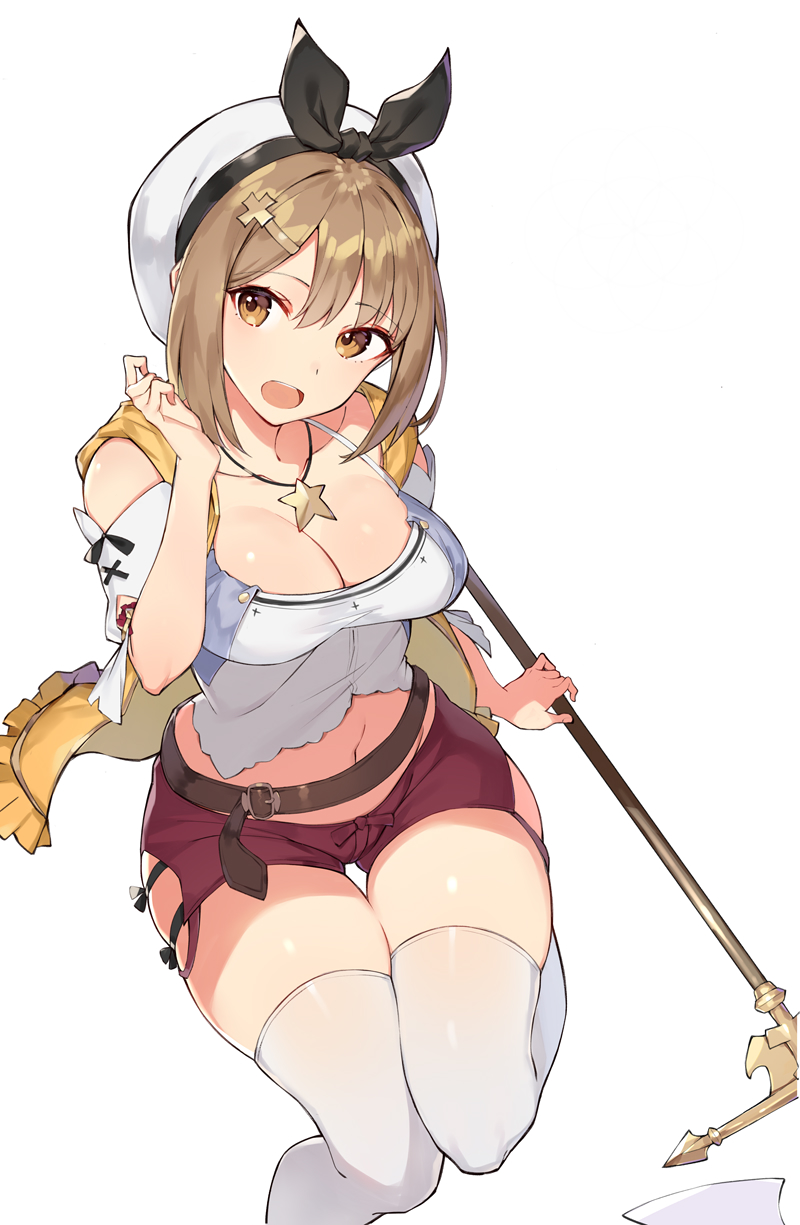 atelier_(series) atelier_ryza bangs belt beret blush breasts brown_belt brown_eyes cleavage commentary_request eyebrows_visible_through_hair female from_above hair_ornament hairclip hat highres jacket jewelry large_breasts leather_belt looking_up navel necklace red_shorts reisalin_stout rikoma scepter short_shorts shorts simple_background sitting sleeveless sleeveless_jacket smile solo star_(symbol) star_necklace thighhighs thighs white_headwear white_legwear yellow_jacket