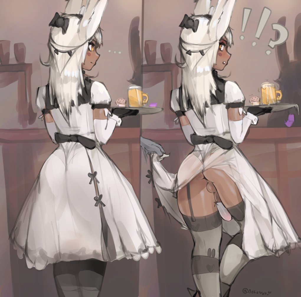 1boy animal_ears ass balls bar_maid blush bunny_ears crossdressing dark-skinned_femboy dark-skinned_male dark_skin dress dress_lift femboy girly gloves humanoid long_hair looking_back male male_only nelewdy nelody orange_eyes original_character penis standing surprised testicles thick_thighs thighhighs thighs trap waitress white_hair