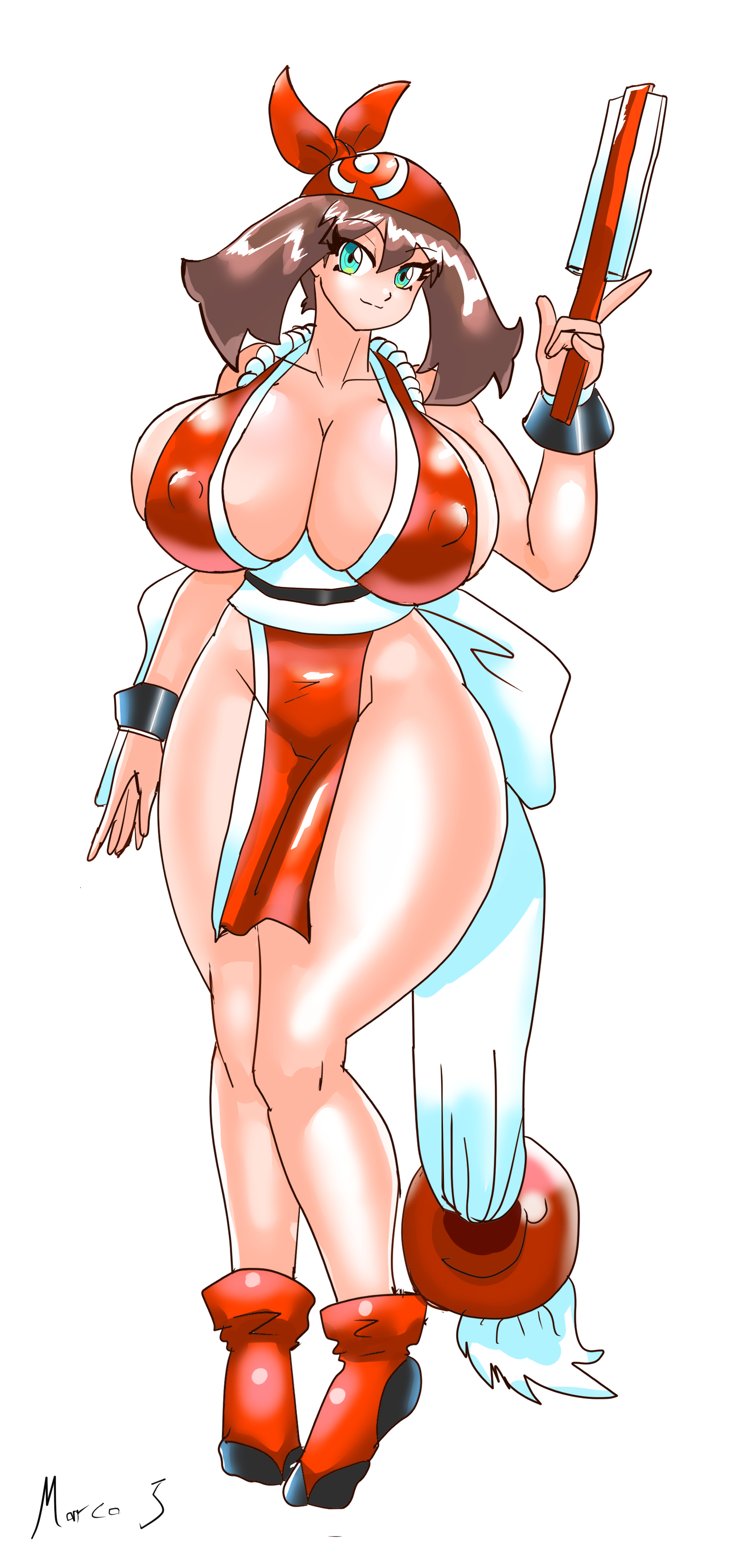 1girls, alternate breast size, artist signature, bandana, bimbo, bimbofication, breasts, brown hair, cleavage, cosplay, eyebrows visible through hair, eyelashes, fan, fatal fury, female, female only, gigantic breasts, green eyes, hips, holding, holding fan, holding object, huge breasts, huge hips, huge thighs, hyper breasts, king of fighters, large breasts, looking at viewer, mai shiranui, mai shiranui (cosplay), marcormen, massive breasts, may (pokemon), nintendo, nipple bulge, pelvic curtain, pokemon, pokemon rse, revealing clothes, short hair, skimpy, skimpy clothes, smile, snk, solo, standing, tagme, thick thighs, thighs, voluptuous, wide hips