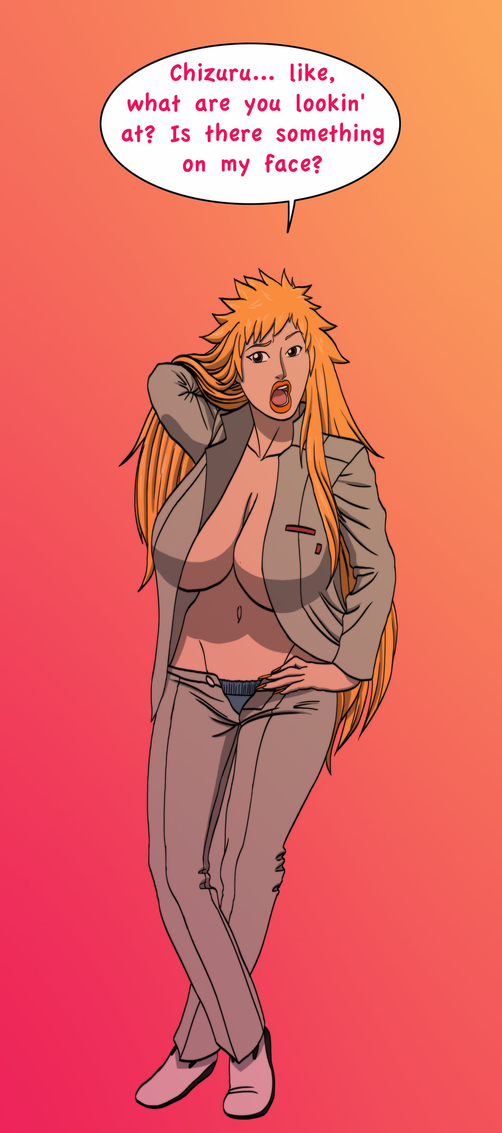 1girls bimbo bimbofication bleach female genderswap_(mtf) hand_on_hip huge_breasts ichigo_kurosaki open_clothes open_mouth open_shirt orange_hair rule_63 surakuraanon tan unzipped