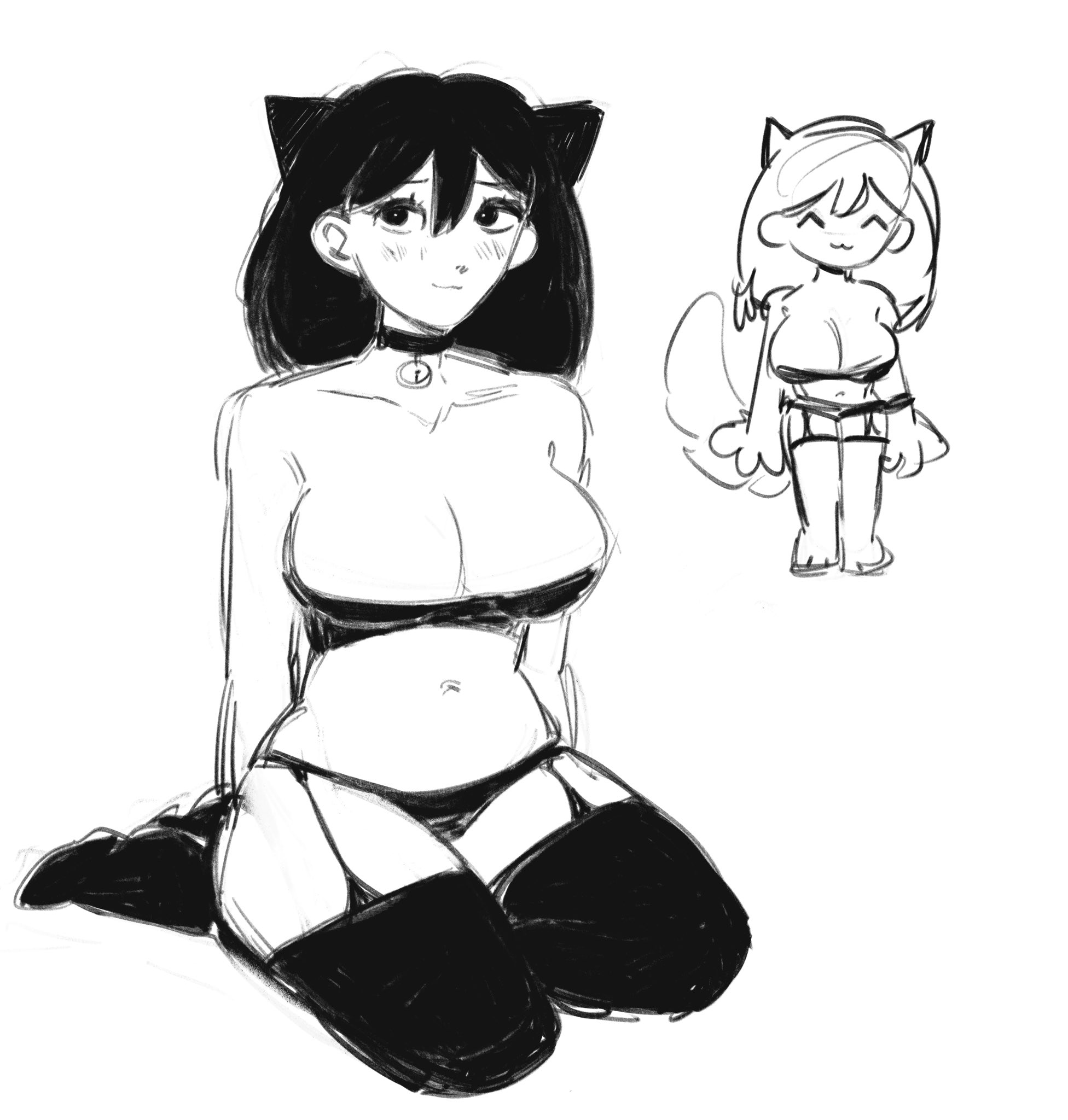 1girls, 2d, big breasts, black bra, black hair, black panties, blush, boyglaze, bra, breasts, bursting breasts, cat ears, cat girl, cat paws, catgirl, collar, female, female only, mari (faraway) (omori), mari (omori), monochrome, omori, panties, smile, solo, solo female, thighhighs