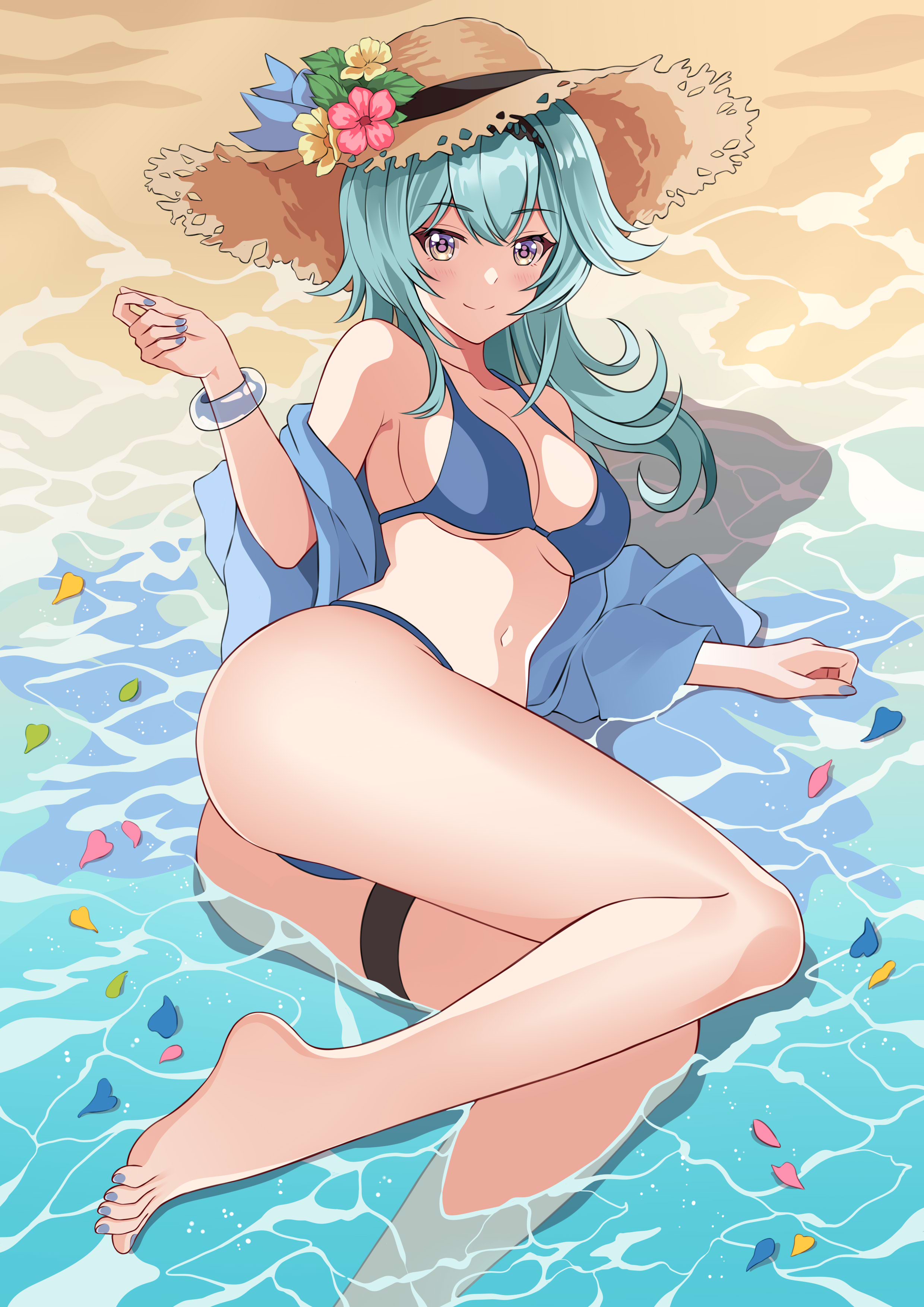 alternate costume, ass, barefoot, beach, bikini, blue bikini, blue hair, blush, breasts, cleavage, clothing, eula (genshin impact), feet, female, female only, genshin impact, hat, hi res, human, legs, looking at viewer, lying, medium breasts, nail polish, sideboob, smile, straw hat, summer, swimsuit, teenager, thighs, toes