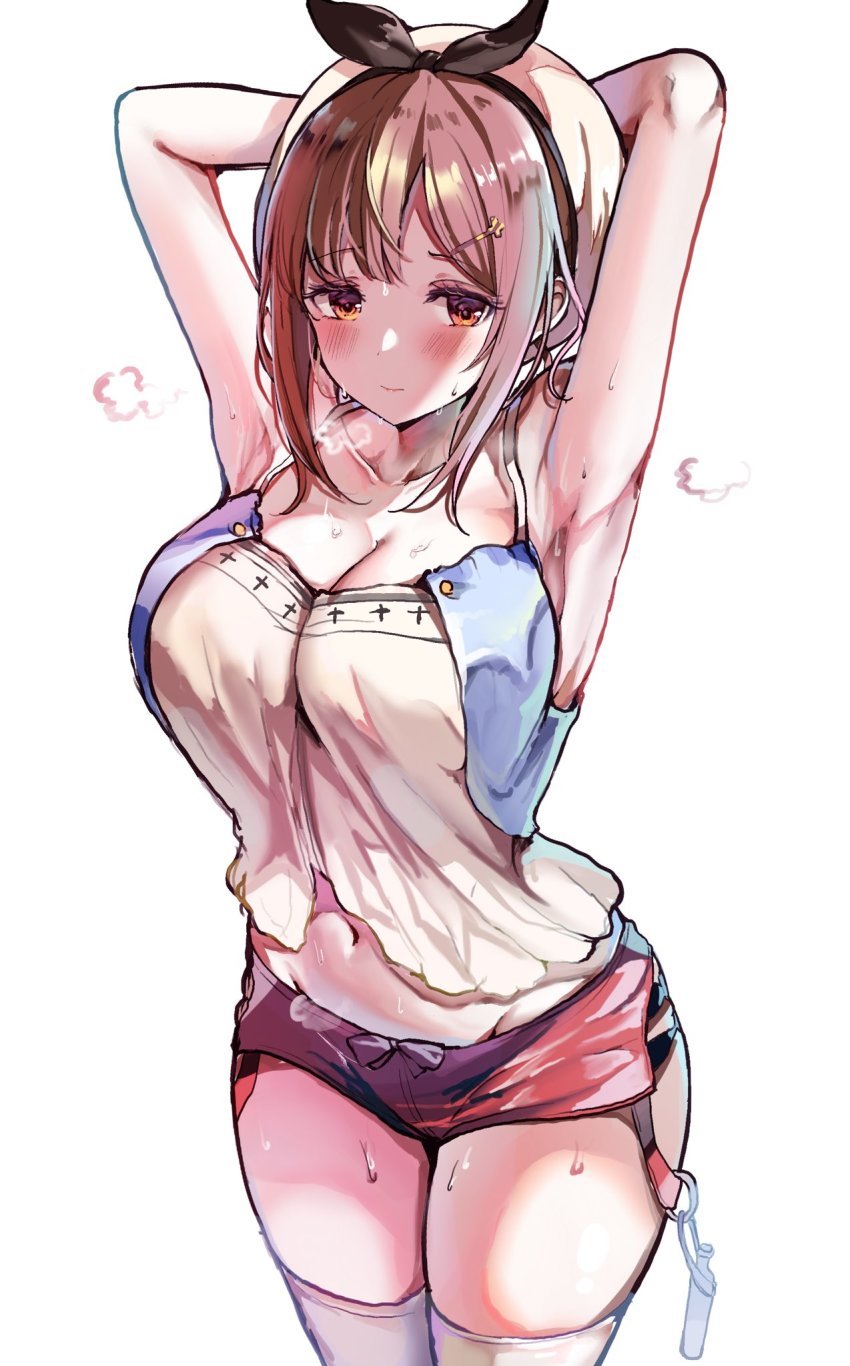 armpits, arms behind head, arms up, atelier (series), atelier ryza, bangs, bare shoulders, blush, bondage, breasts, brown hair, cleavage, closed mouth, collarbone, cowboy shot, embarrassed, eyebrows visible through hair, female, groin, hair, hair between eyes, hair ornament, hairclip, hat, highres, large breasts, looking at viewer, midriff, midriff peek, navel, orange eyes, red shorts, reisalin stout, sak (lemondisk), shirt, short hair, short shorts, shorts, sidelocks, skindentation, solo, spaghetti strap, standing, stomach, sweat, thighhighs, vest, white headwear, white legwear, white shirt