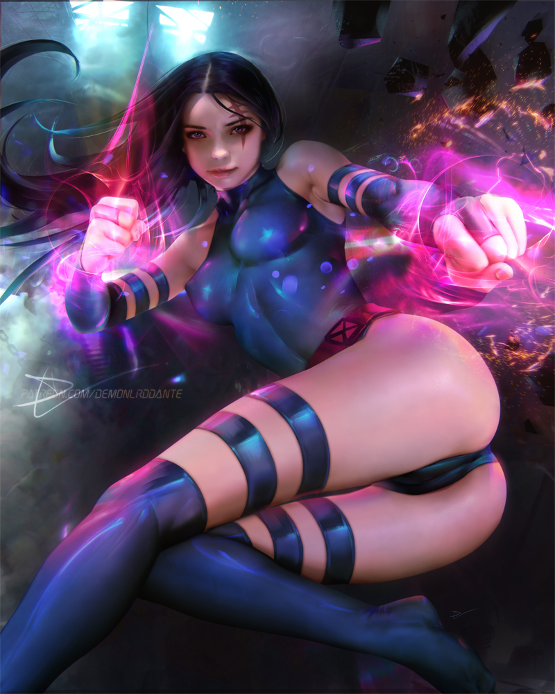 1girls, arched back, ass, aura, big breasts, blue hair, blue legwear, breasts, bridal gauntlets, cameltoe, clenched fist, clothed, demonlorddante, dual wielding, female, fist, latex, leotard, looking at viewer, marvel, marvel comics, ninja, pinup, pose, psylocke (kwannon), purple eyes, pussy, realistic, skin tight, smile, solo, solo focus, straight hair, thighhighs, very long hair, x-men