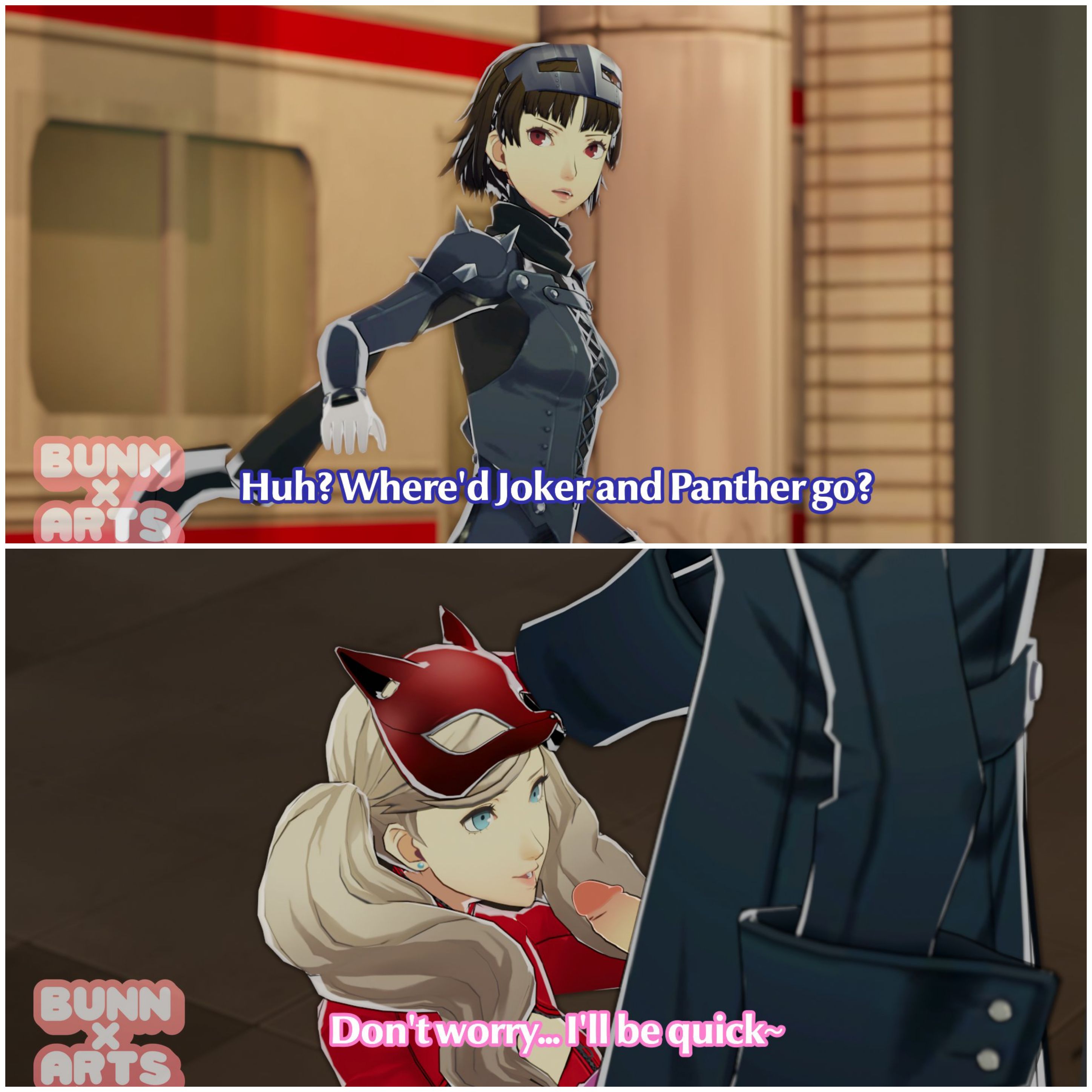 1boy, 2girls, 3d, akira kurusu, ann takamaki, blonde hair, blowjob, blue eyes, brown hair, bunnxarts, cheating, clothing, female, hand on head, human, imminent oral, long hair, makoto niijima, makoto niijima (queen), male, oral, penis, persona, persona 5, phantom thief suit, red eyes, ren amamiya, short hair, straight, text