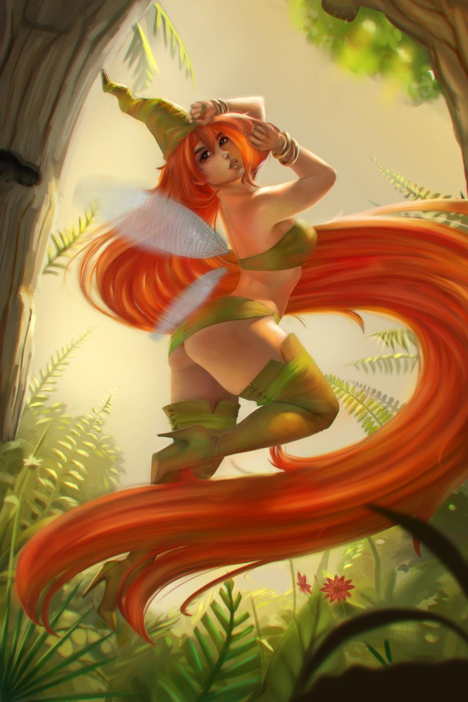 1girls, betilla (rayman), boots, bracelet, clothed, fairy, fairy wings, female, female only, flower, flying, forest, freckles, green legwear, green nails, hat, high heel boots, high heels, miniskirt, nail polish, nymph (rayman), orange hair, outside, rayman (series), rayman origins, realistic, side view, solo, solo focus, thighhigh boots, thighhighs, ubisoft, very long hair, wings, xenel
