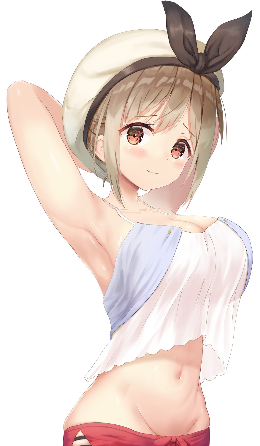 armpits arms_behind_head arms_up atelier_(series) atelier_ryza bare_arms bare_shoulders beret breasts brown_hair cleavage closed_mouth collarbone commentary_request crop_top crop_top_overhang female groin hat highres large_breasts looking_at_viewer midriff mimikaki_(men_bow) navel red_eyes red_shorts reisalin_stout shirt short_hair shorts sidelocks simple_background sleeveless sleeveless_shirt smile solo spaghetti_strap stomach upper_body white_background white_headwear white_shirt