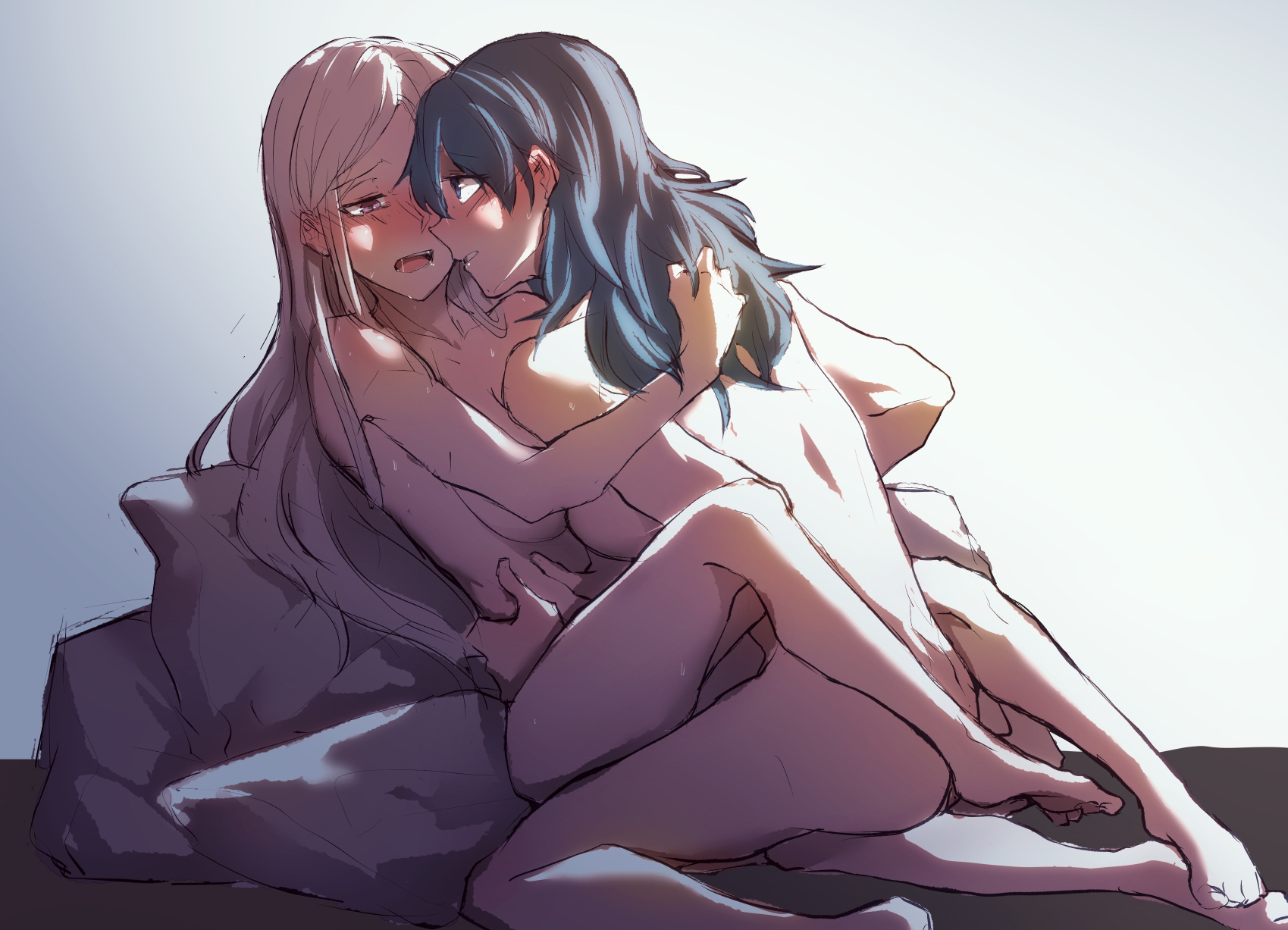 2girls, byleth (fire emblem), byleth (fire emblem) (female), completely nude, edelgard von hresvelg, female, female only, fire emblem, fire emblem: three houses, long hair, medium hair, multiple females, multiple girls, nintendo, nude, nude female, teal hair, usbfan, white hair, yuri
