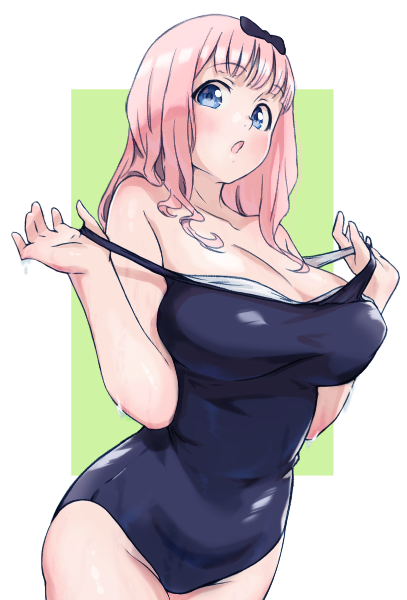 :o, 1girls, arad baranga, bangs, bathing suit, big breasts, blue eyes, blue swimsuit, blush, breast squish, breasts, cleavage, female, female only, fujiwara chika, hairbow, hips, huge breasts, kaguya-sama wa kokurasetai ~tensai-tachi no renai zunousen~, large breasts, one-piece swimsuit, pink hair, school swimsuit, solo, solo female, swimsuit, thick, thick thighs, thighs, tight clothing, tight fit, undressing, wet, wide hips