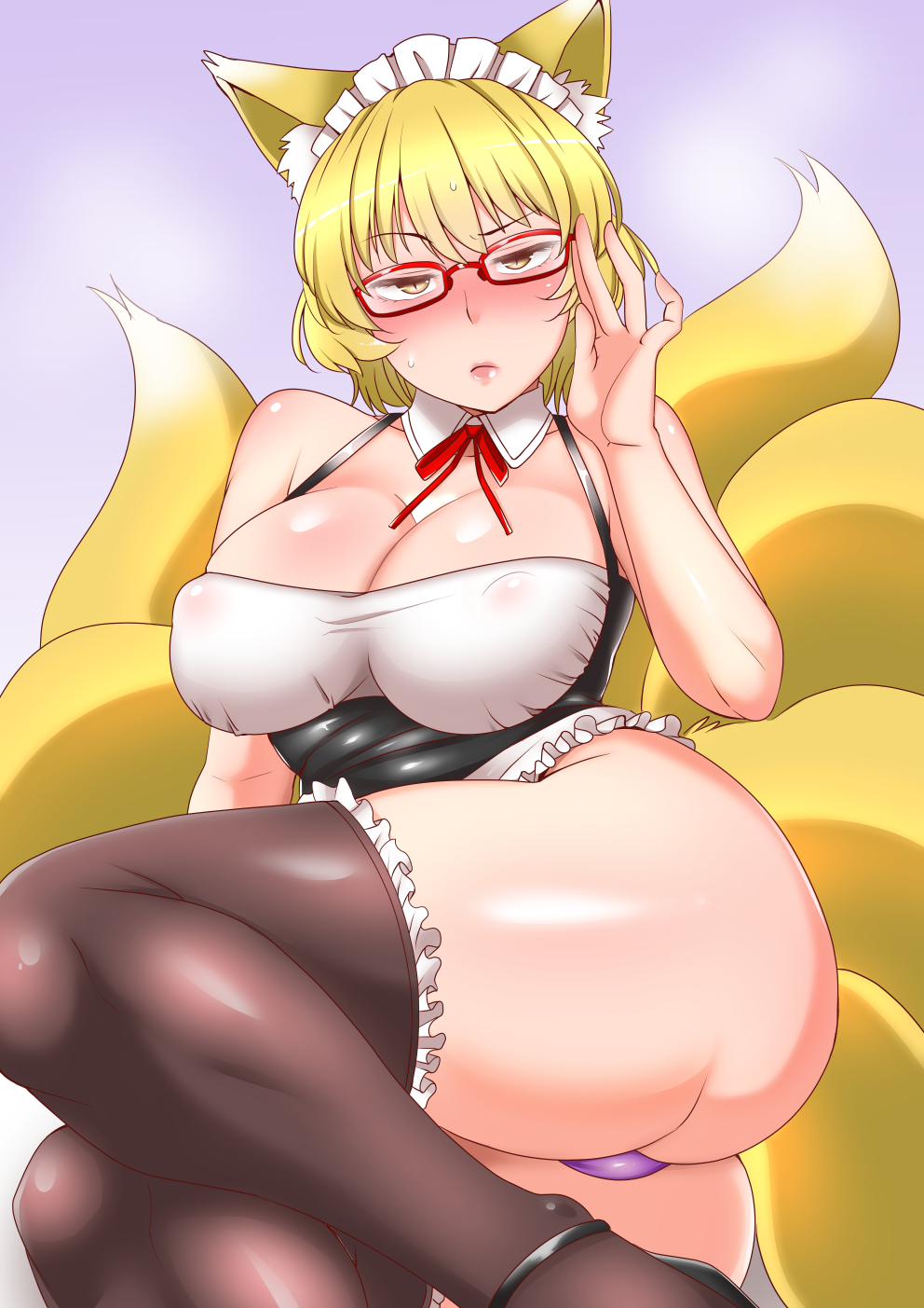 1girls, ass, big ass, blonde hair, blush, breasts, female, female only, fox ears, fox tail, glasses, large breasts, maid, ran yakumo, shiraue yuu, solo, tail, thick, thick ass, thick thighs, thighhighs, touhou, voluptuous, yellow eyes