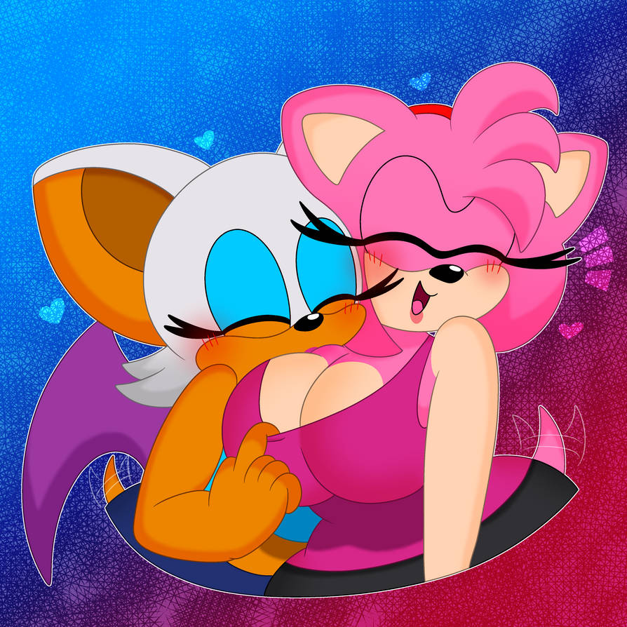 2girls 3barts amy_rose anthro breasts cleavage cleavage_pull closed_eyes clothing cute female female_only huge_breasts multiple_girls pulling_shirt rouge_the_bat sega sonic_(series) tail tailwag tank_top wide_hips yuri