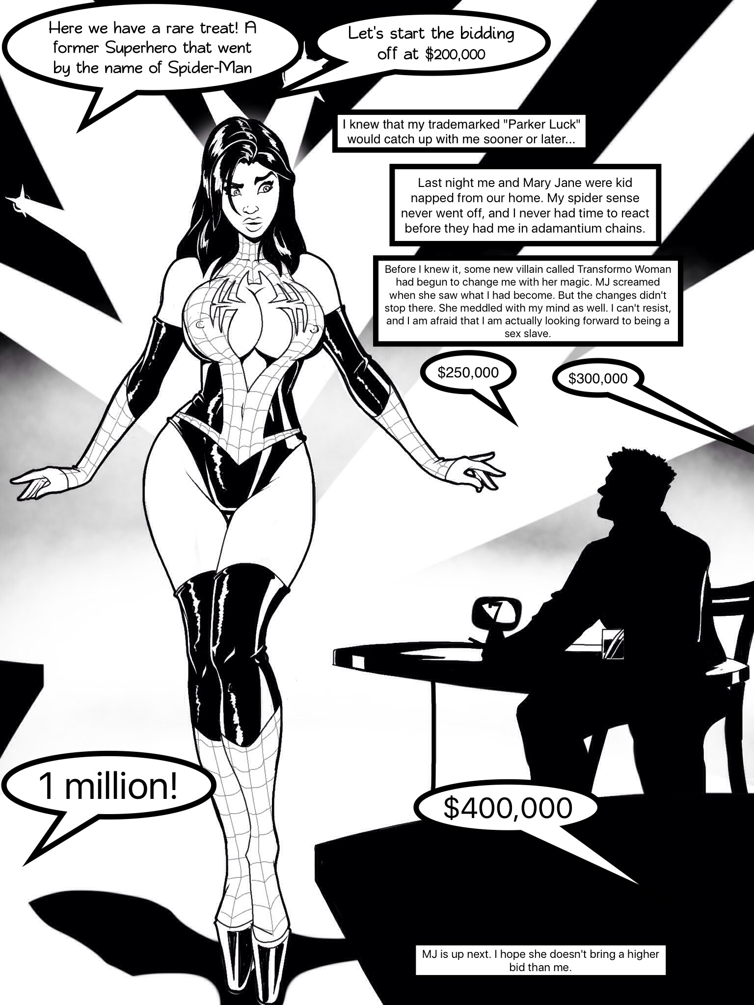 1girls, adapted costume, auction, big breasts, bimbo, bimbofication, breasts, cleavage, cleavage cutout, defeated hero, erect nipples under clothes, female, gender transformation, genderswap, genderswap (mtf), greyscale, high heels, hourglass figure, human, human only, light skin, light-skinned female, marvel, marvel comics, nipple bulge, peter parker, pokies, rule 63, sampleguy, spider-man, spider-man (series), straight hair, superhero, transformation, unseen character, voluptuous female