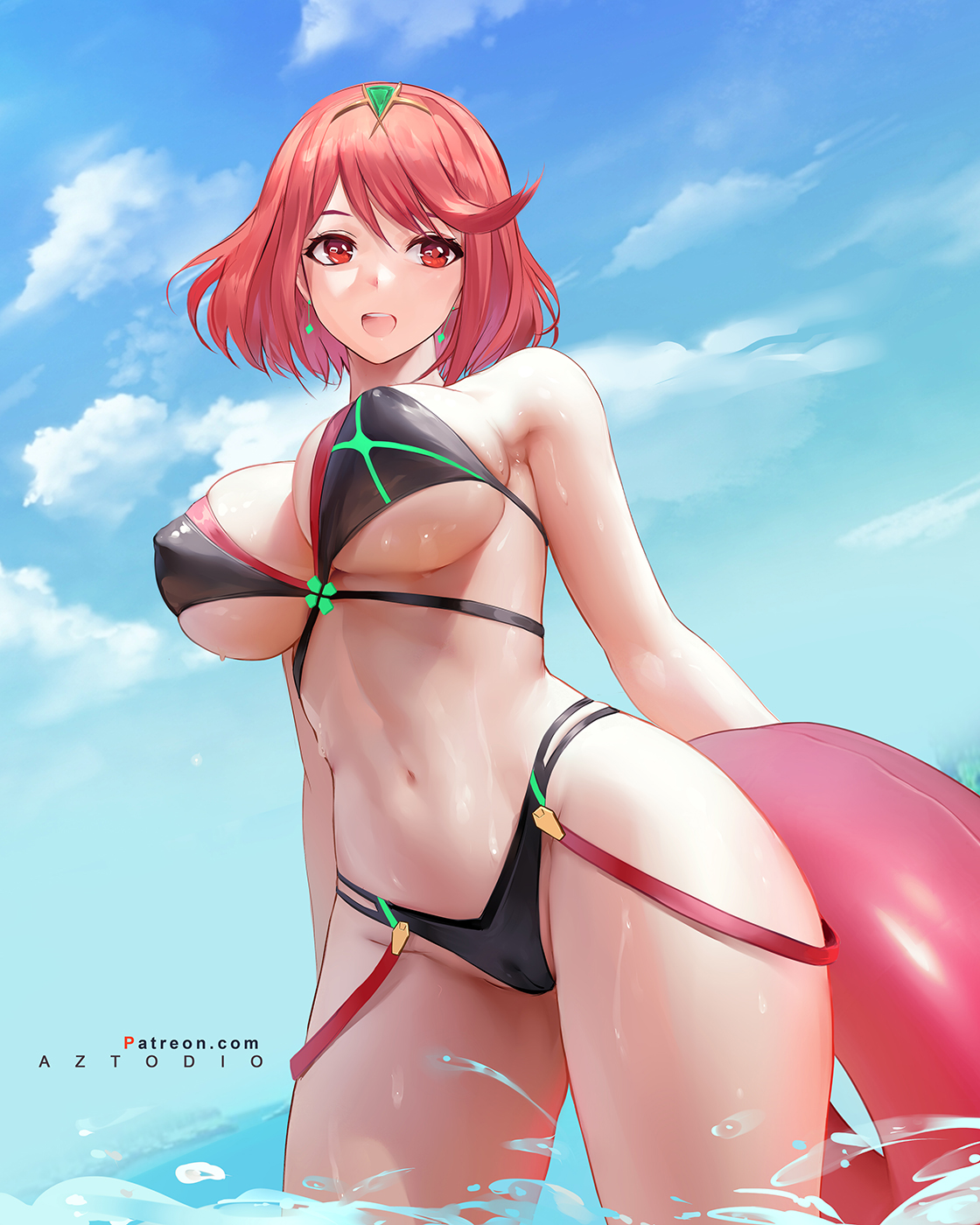 1girls, azto dio, bikini, breasts, female, huge breasts, outdoors, perky breasts, pyra, red eyes, red hair, short hair, swimsuit, wet, xenoblade (series), xenoblade chronicles 2