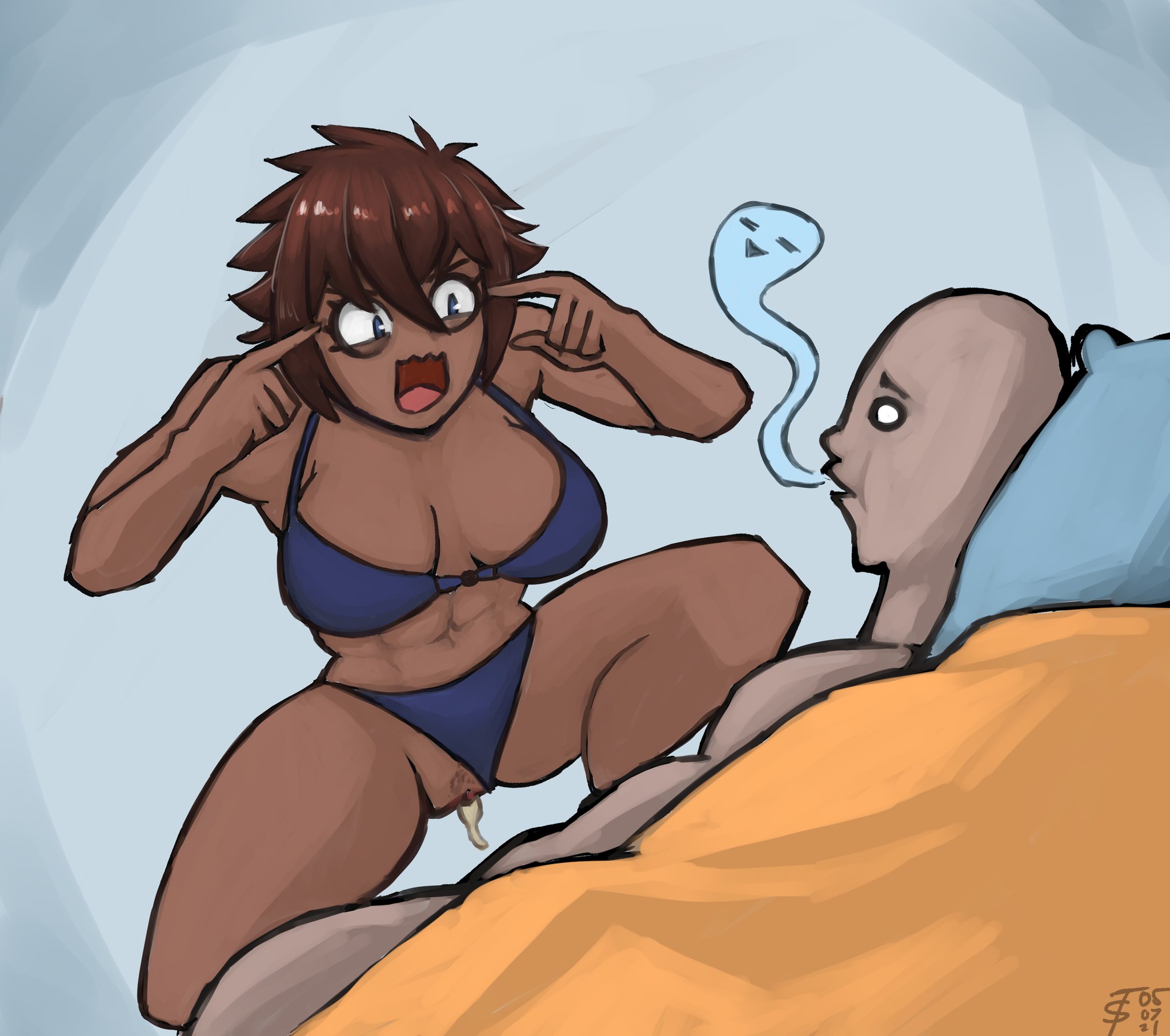 :d, 1boy, 1girls, 2021, abs, absurd res, after sex, anon, bed sheet, blue bra, blue hair, blue panties, bra, breasts, brown hair, cleavage, clothing, cum, cum drip, cum in pussy, cum inside, cum leaking, dark skin, dark-skinned female, defeated, exhausted, female, femdom, ghost, giving up the ghost, grey skin, highres, large breasts, leaning forward, looking at another, lying, male, matching underwear, meme, muscles, muscular, muscular female, navel, on back, open mouth, original, panties, panties aside, passing out, pillow, pose, pussy, short hair, signature, spread legs, squatting, thick thighs, thighs, think mark think!, tomboy, tomboy sama, tongue, underwear