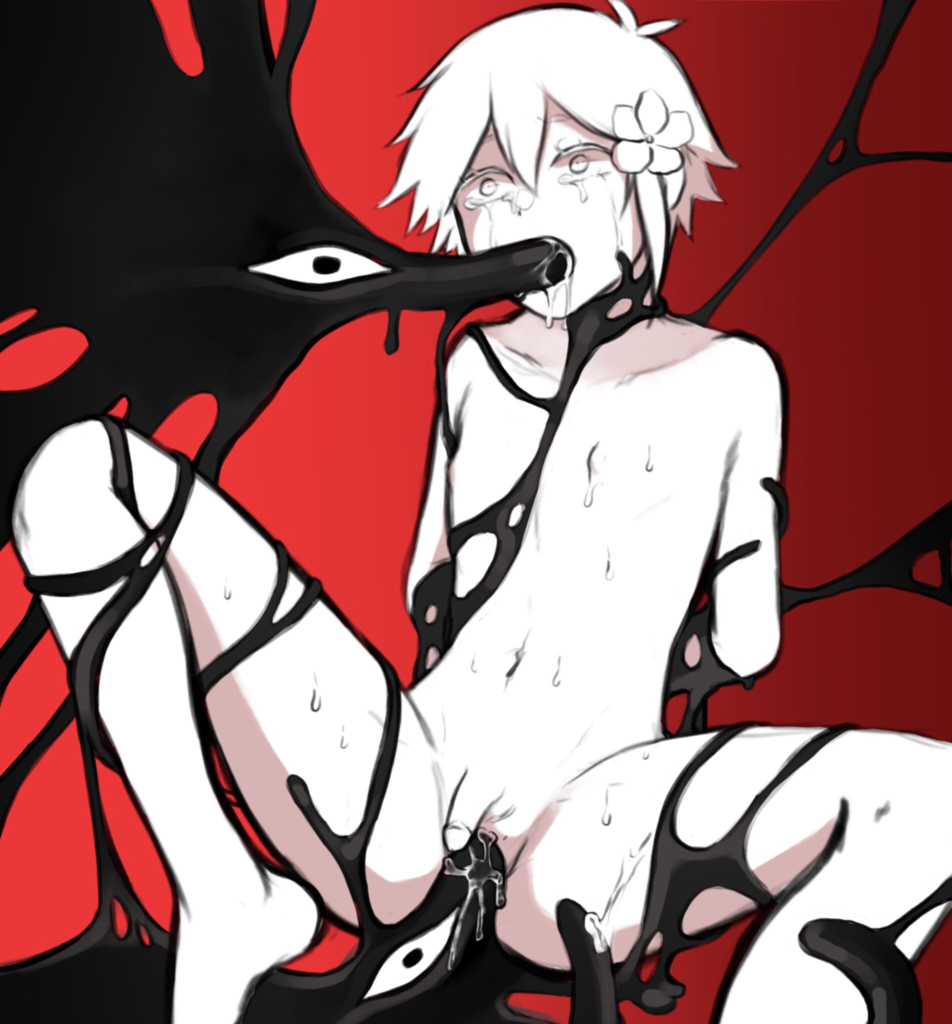 basil (omori), blonde hair, blonde male, body invasion, crying, crying with eyes open, cute male, feet, flower, forced, forced fellatio, forced oral, hornydaddy, male, male only, male rape victim, micropenis, monster, omori, penis, questionable consent, rape, small penis, solo male, something (omori), spread legs, submissive male, tentacle, yaoi