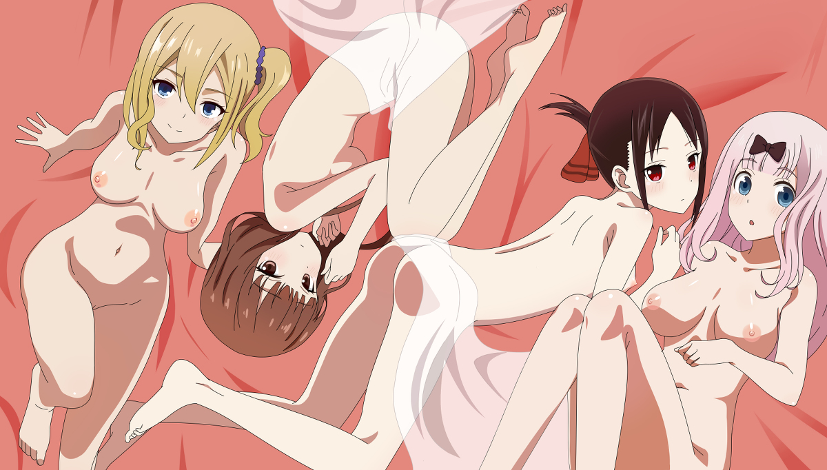 :o, 4girls, big breasts, black hair, blonde hair, blue eyes, breasts, brown eyes, brown hair, female, female only, fujiwara chika, hayasaka ai, iino miko, kaguya-sama wa kokurasetai ~tensai-tachi no renai zunousen~, medium breasts, multiple females, multiple girls, naked, nude, nude filter, on model, pink hair, red eyes, shinomiya kaguya, small breasts, tagme, vkgk4869