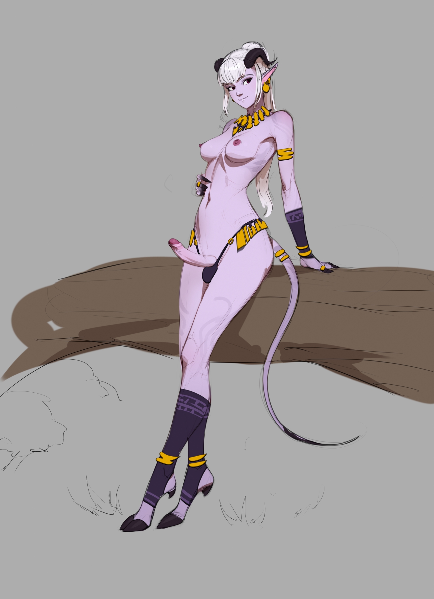 1futa, areolae, balls, balls bulge, balls in panties, balls under clothes, big penis, breasts, clothing, dark skin, dark-skinned futa, demon, demon girl, dickgirl, erect nipples, erect penis, erection, exposed penis, female, futa only, futanari, gold jewelry, hooves, horns, humanoid, humanoid penis, intersex, long ears, long hair, medium breasts, mistveil, mostly nude, nipples, panties, panty bulge, penis, penis out, pointy ears, purple skin, revealing clothes, sketch, small clothes, small panties, solo, solo female, standing, tail, tarakanovich, topless, white hair, wide hips