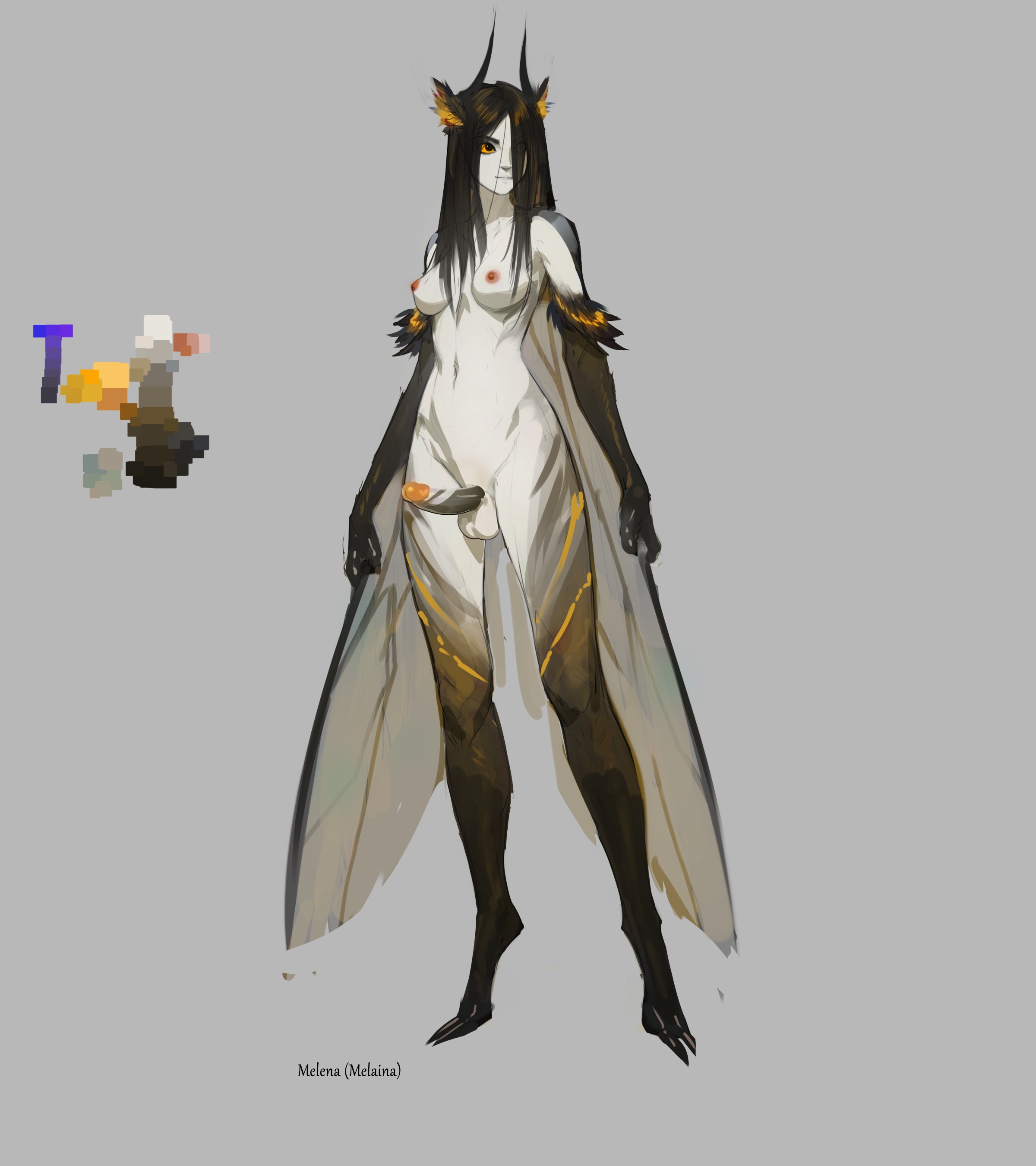 1futa, areolae, balls, black hair, breasts, dickgirl, erect nipples, erect penis, erection, female, futa only, futanari, horns, humanoid, humanoid penis, insect, insect girl, insect wings, intersex, long hair, masturbation, medium breasts, mistveil, monster girl, naked, nipples, nude, pale skin, penis, sketch, solo, tarakanovich, wings