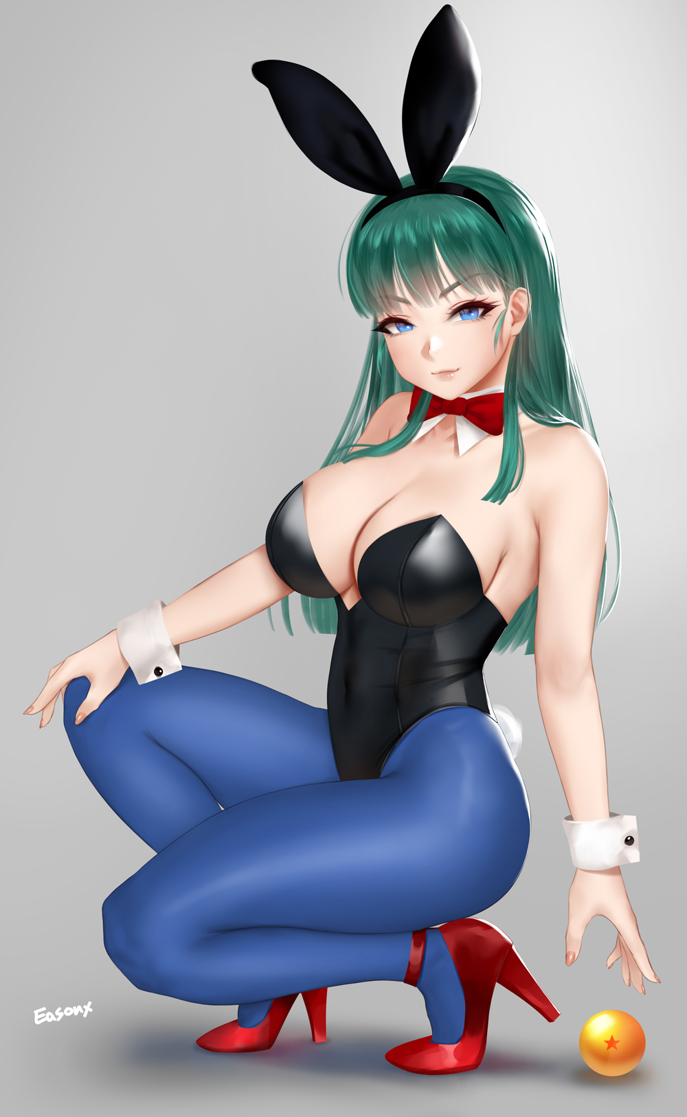 1girls big_breasts blue_eyes blue_hair blue_pantyhose bowtie breasts bulma bulma_(bunny) bulma_briefs bunny_ears bunny_girl bunny_tail bunnysuit cleavage detached_collar dragon_ball dragon_ball_(classic) dragon_ball_(object) easonx female female_only high_heels large_breasts long_hair looking_at_viewer red_heels red_high_heels seductive_look smile solo teal_hair teenage_bulma teenage_girl teenager voluptuous wrist_cuffs