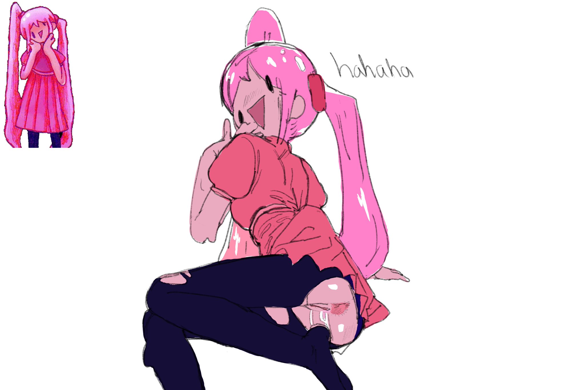 1girls, 2d, artist request, exposed pussy, female, female only, laughing, monster, monster girl, mutantheart (omori), omori, pink hair, pink skin, pussy, ripped clothing, ripped pants, solo