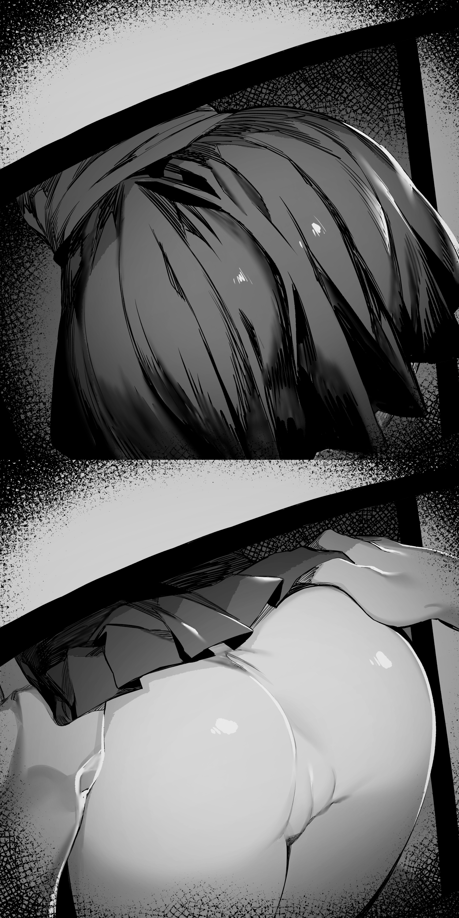 1girls, absurdres, ass, ass focus, cleft of venus, close-up, fate (series), fate/grand order, female, female focus, florence nightingale (fate), greyscale, highres, hxd, lifting skirt, monochrome, no panties, pleated skirt, pussy, skirt, skirt lift, solo focus, vagina