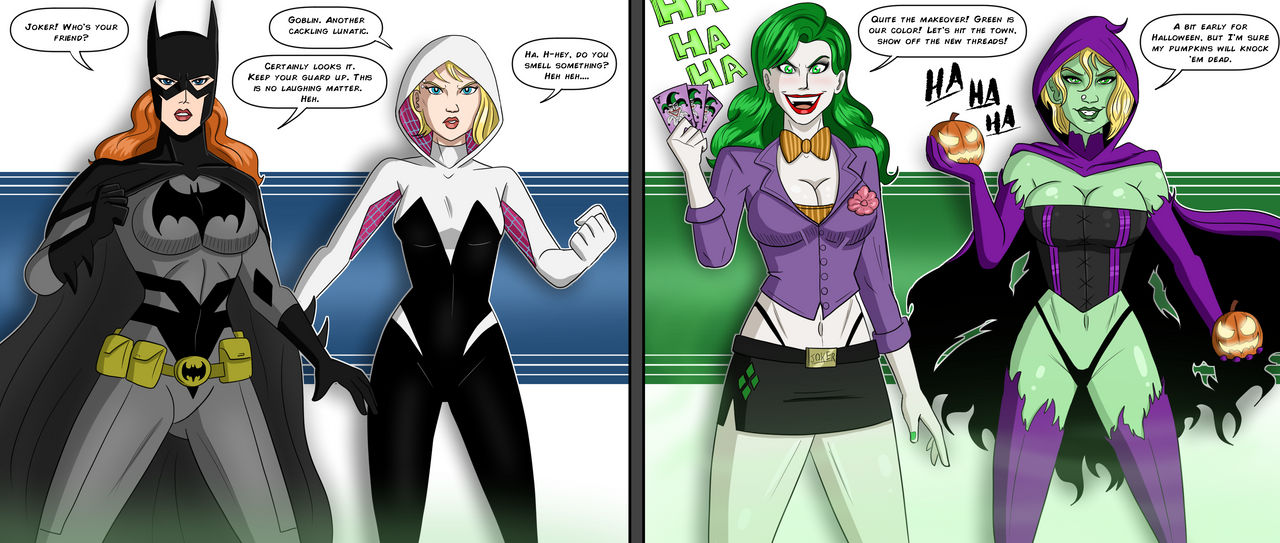2girls, ass expansion, barbara gordon, batgirl, batman (series), before and after, blonde hair, brainwashing, breast expansion, breast growth, breast growth (enlargement), breasts, dc, dc comics, english text, eye color change, eyebrow piercing, female, female only, green goblin, gwen stacy, hair color change, identity death, joker, large breasts, lips, marvel, marvel comics, multiple females, multiple girls, navel, personality change, polmanning, skin color change, spider-gwen, text, thighs