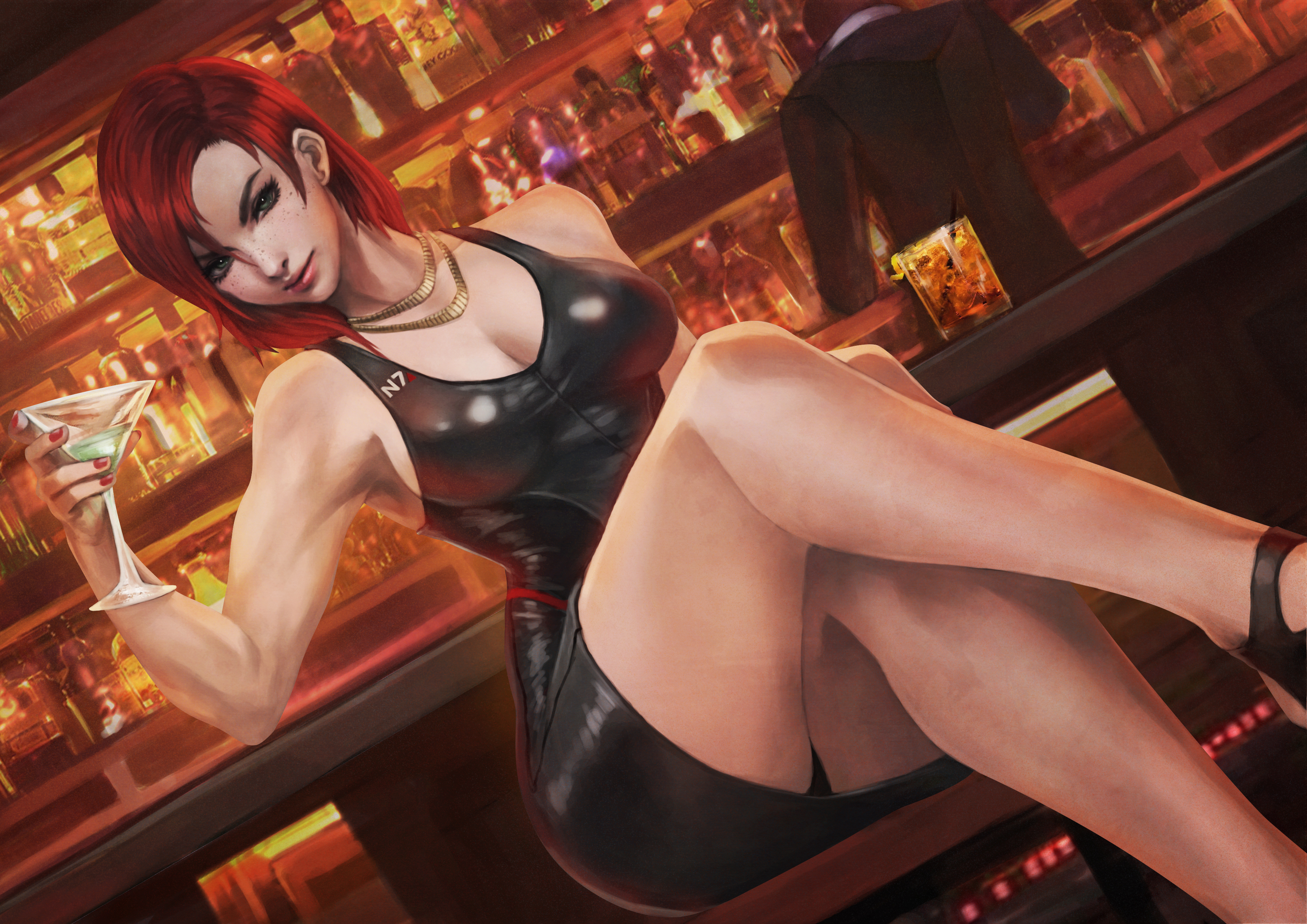 against table, alcohol, arm support, armpits, bar, bioware, black panties, bottle, chair, cleavage, clothed, commander shepard, crossed legs, dress, drink, female, female protagonist, femshep, from below, glass, green eyes, hi res, holding object, indoors, leather, looking at viewer, martini, mass effect, monorirogue, necklace, panties, pantyshot, pinup, red hair, sitting, sleeveless, sleeveless dress, smile, table, upskirt