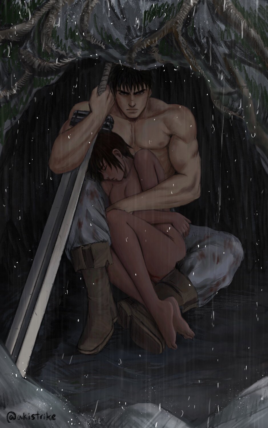 1boy 1girls akistrike ass berserk breasts canon_couple casca cleavage dark-skinned_female feet guts_(berserk) hugging human muscular_male nude nude_female sword weapon