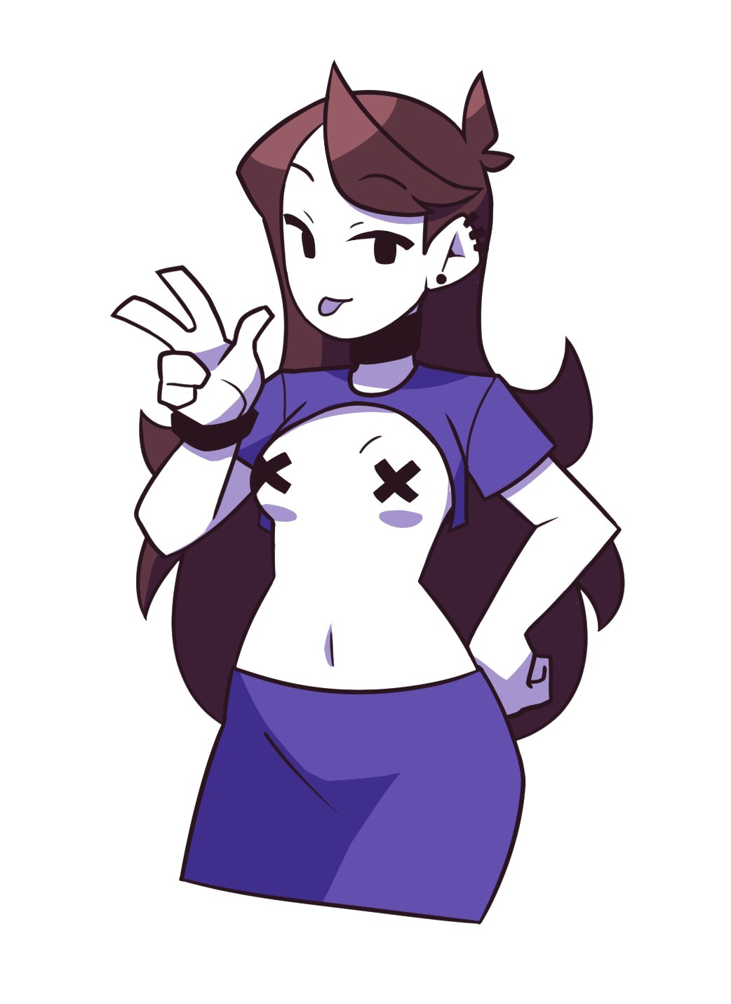 bracelet, brown hair, choker, ear piercing, female, female only, flat chest, jaiden, jaiden animations, long hair, melodydoodles34, navel, shirt up, tape, taped nipples, tongue, tongue out, v sign, white background, white skin, youtube, youtuber
